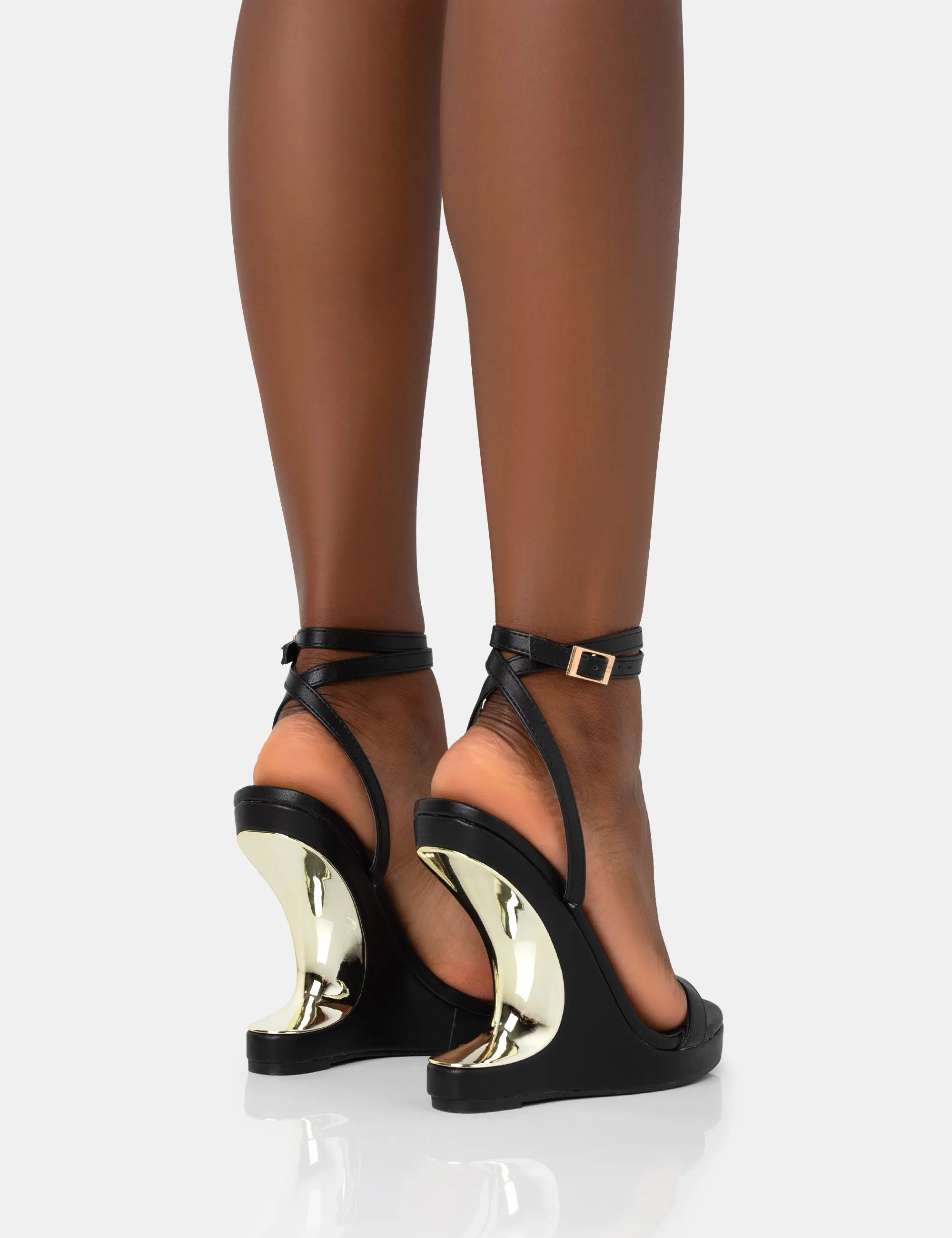 A-List Black Pu Barely There Wrap Around Platform Cut Out Wedge Heels