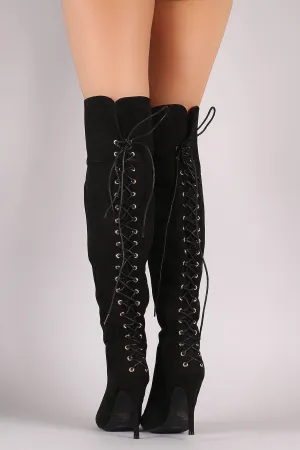 Anne Michelle Suede Back Corset Lace-Up Stiletto Boots