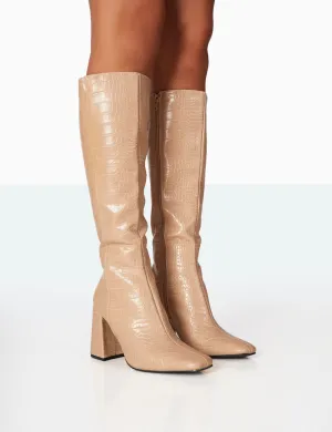 Apology Nude Patent Croc Knee High Block Heel Boots