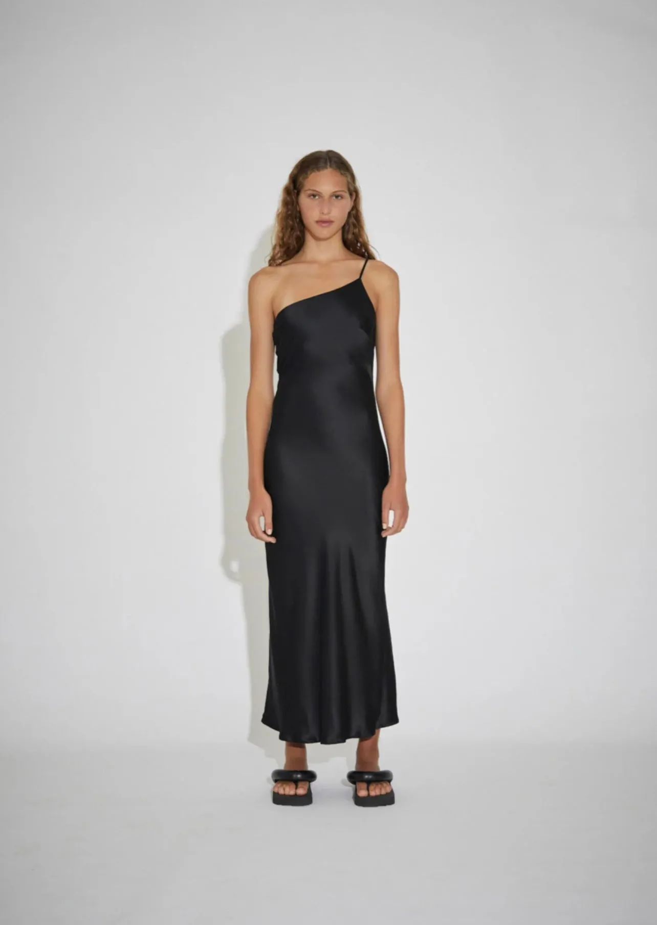 ASYMETRICAL MAXI SLIP DRESS - BLACK