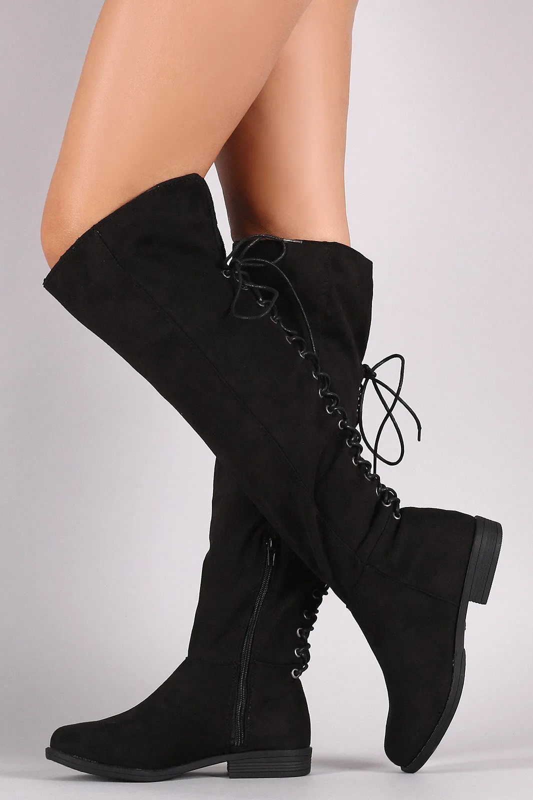 Bamboo Faux Suede Lace Back Knee High Boots