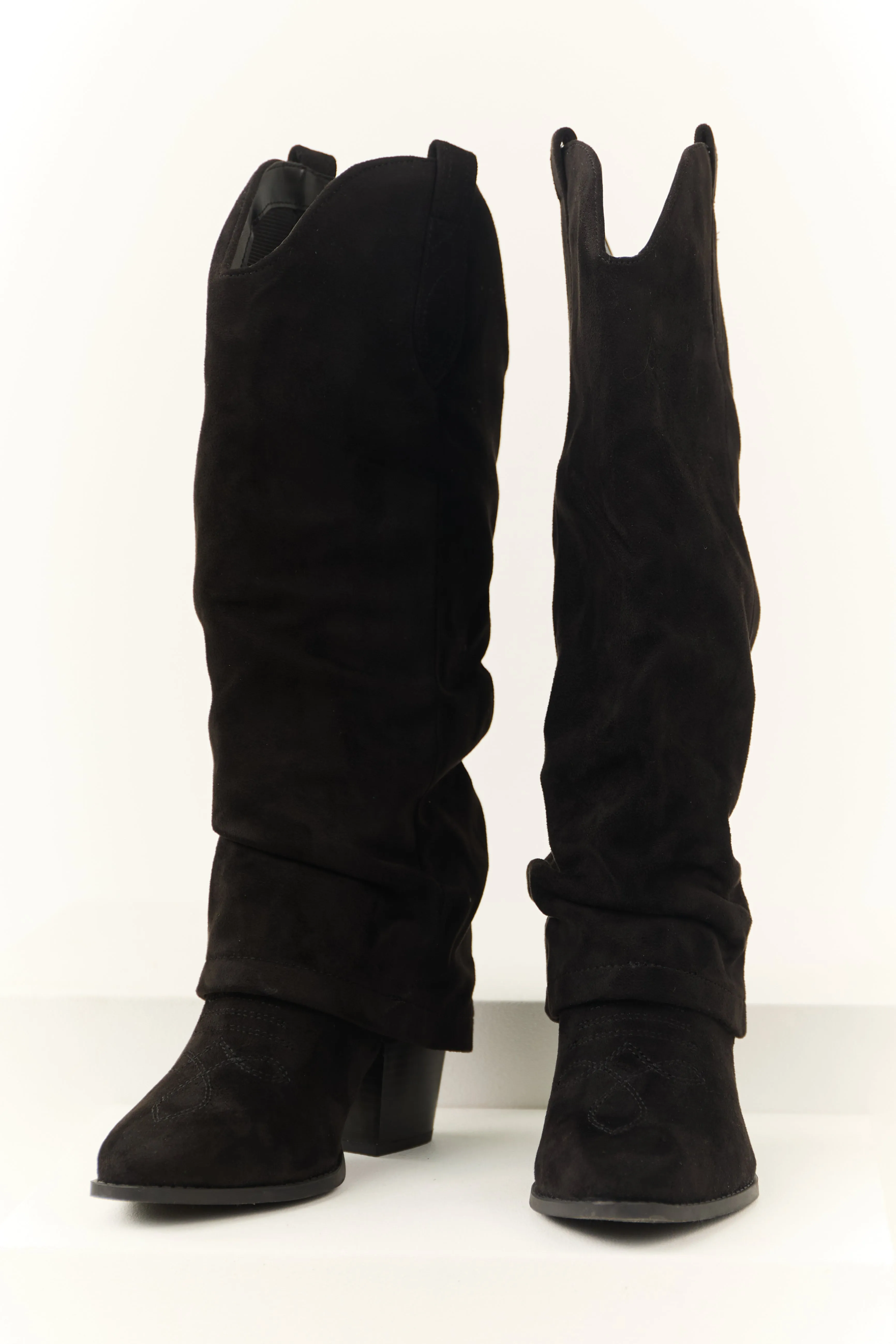 Black Faux Suede Foldover Knee High Boots