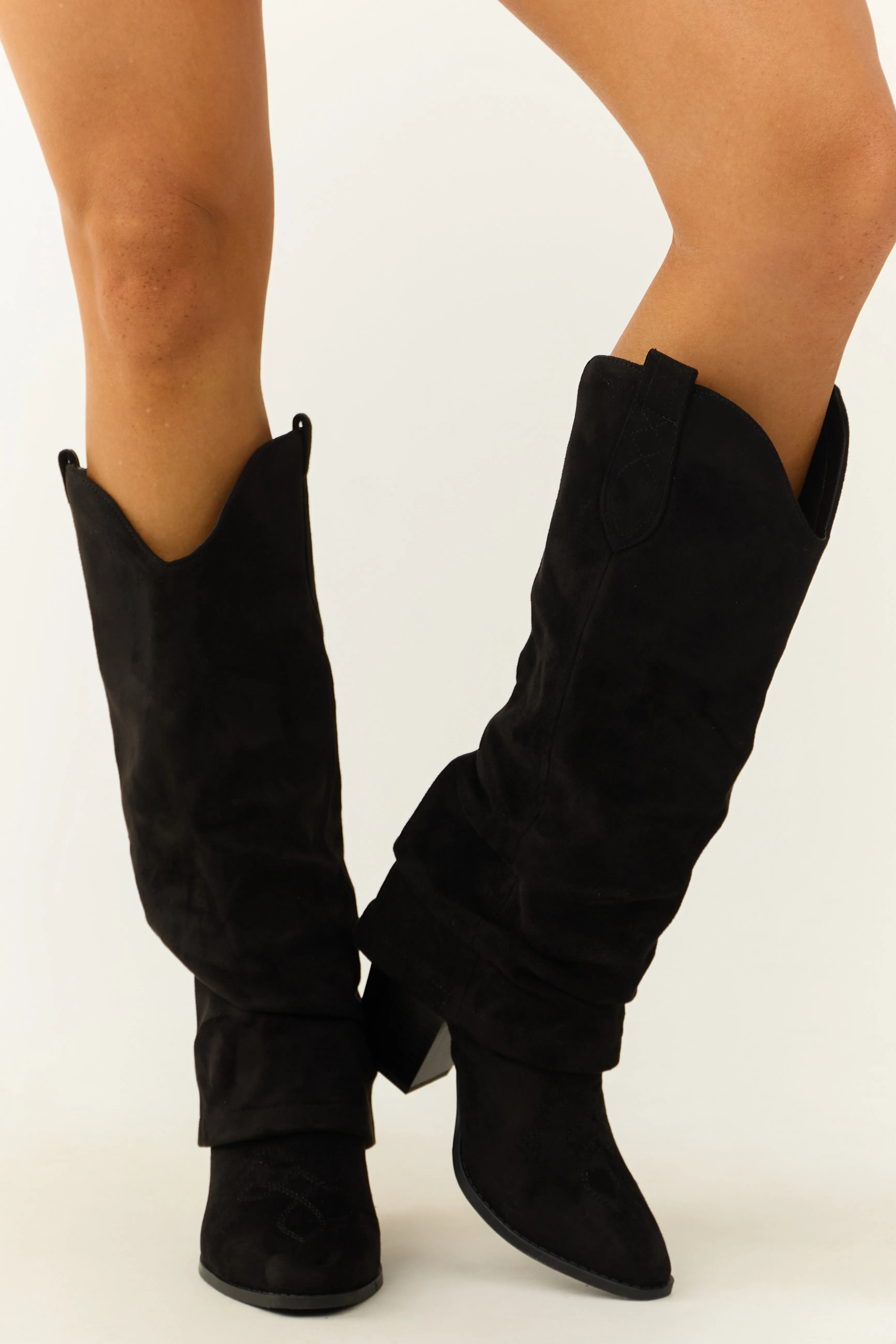 Black Faux Suede Foldover Knee High Boots