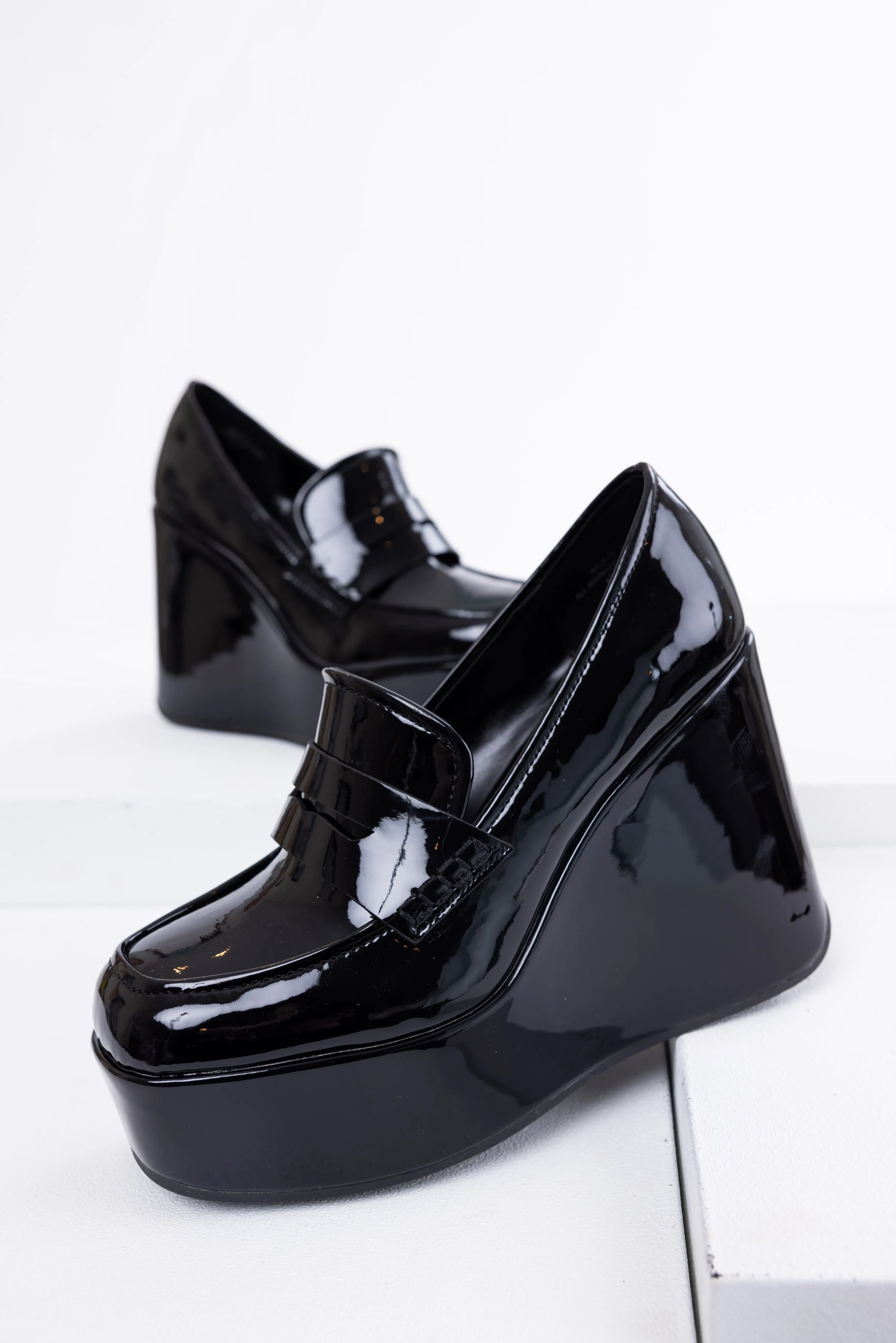 Black Platform Wedge Penny Loafers