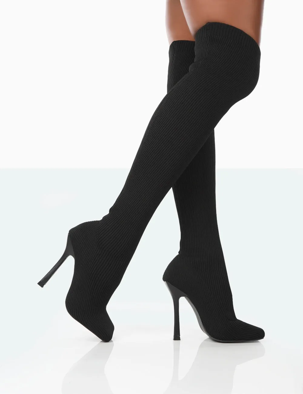 Bubbles Black Knitted Square Toe Over The Knee Stiletto Boots