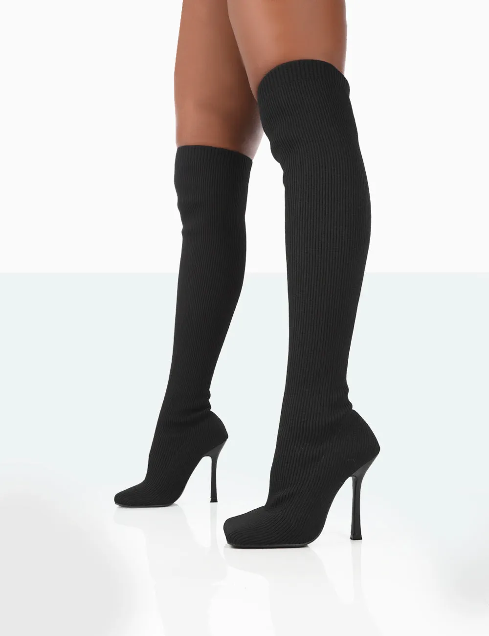 Bubbles Black Knitted Square Toe Over The Knee Stiletto Boots