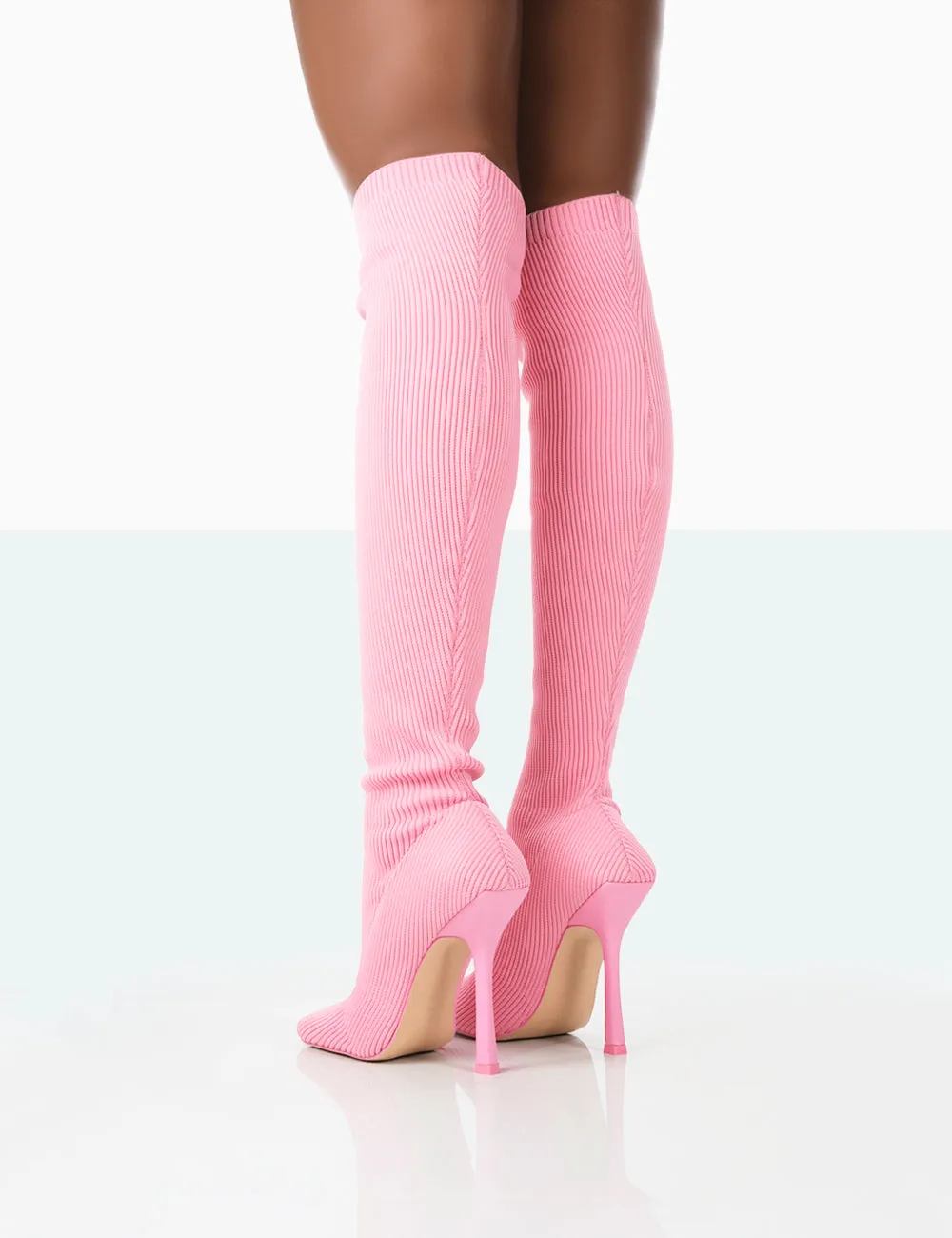 Bubbles Pink Knitted Wide Fit Square Toe Over The Knee Stiletto Boots