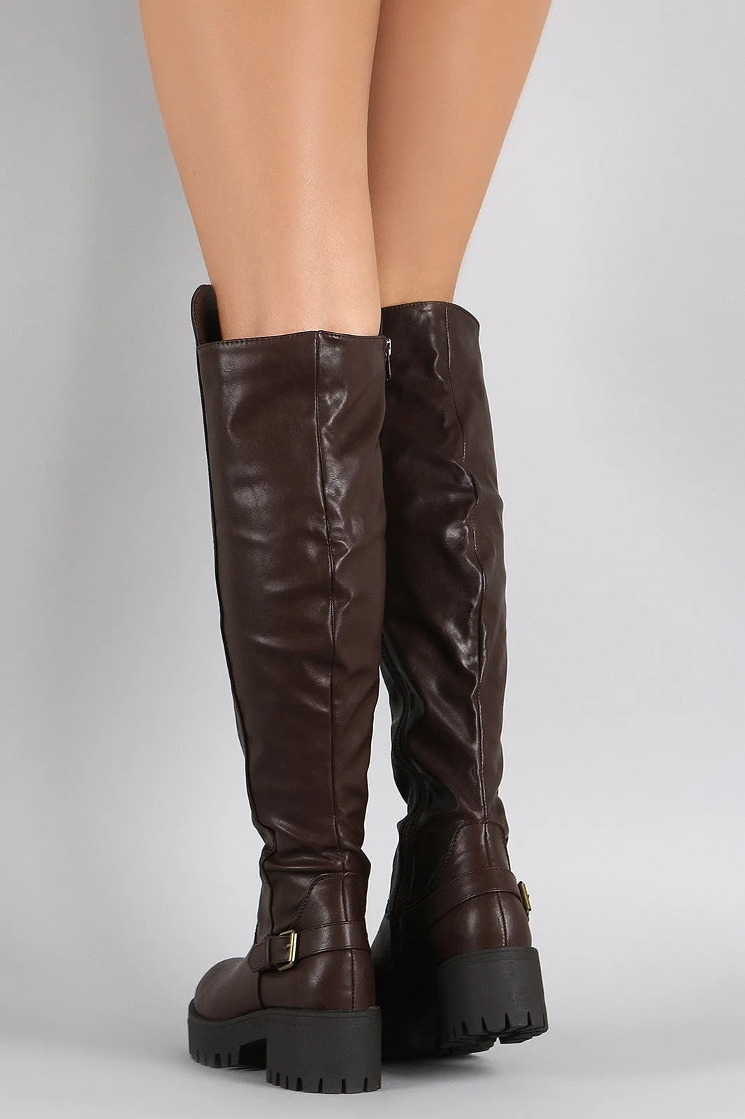 Buckle Round Toe Lug Sole Flatform Riding Over-The-Knee Boots