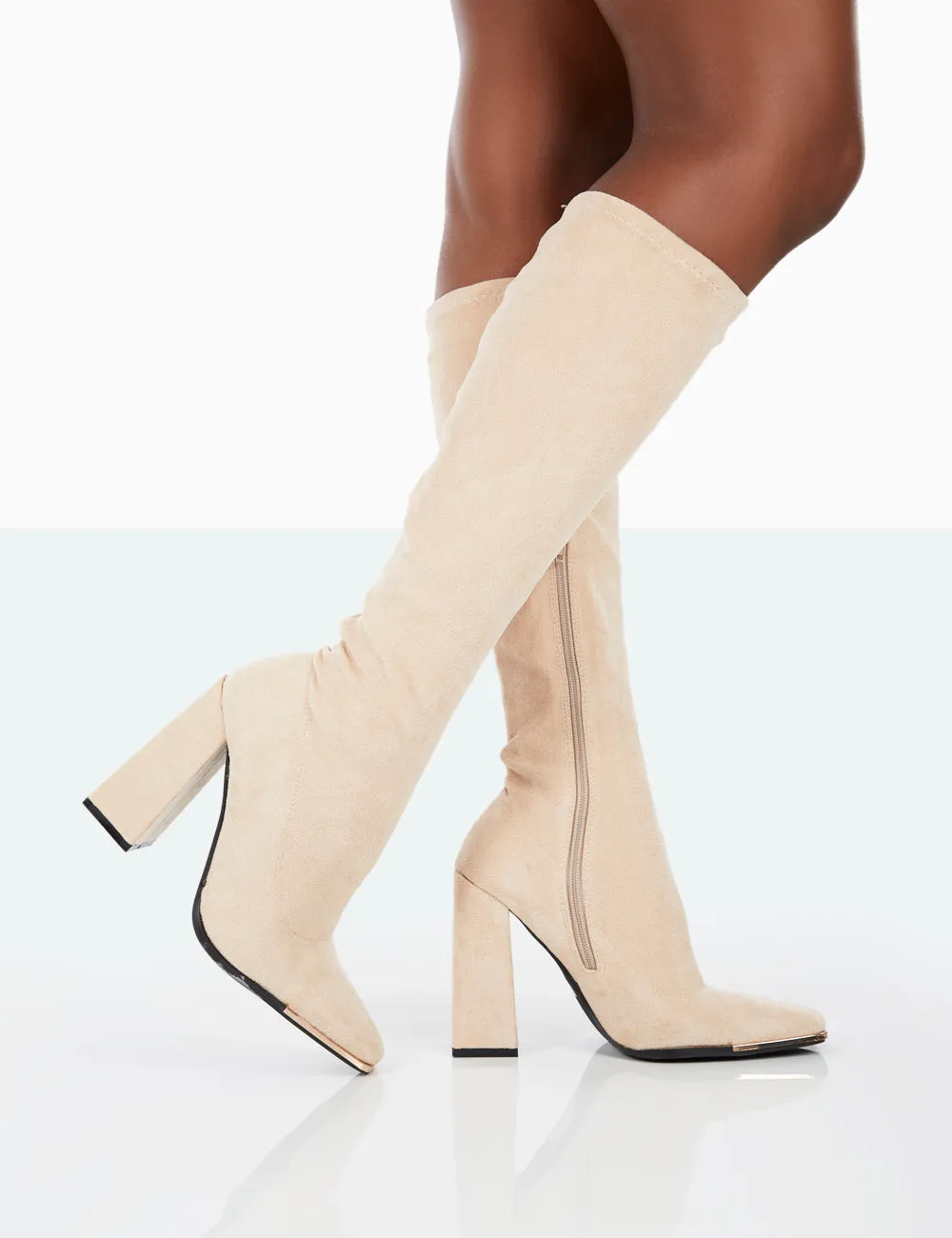 Caryn Taupe Faux Suede Knee High Block Heeled Boots