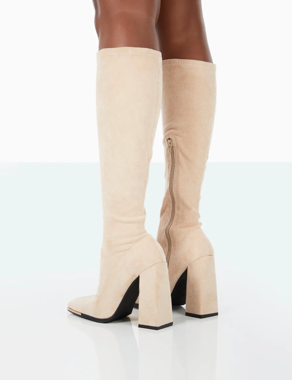 Caryn Taupe Faux Suede Knee High Block Heeled Boots