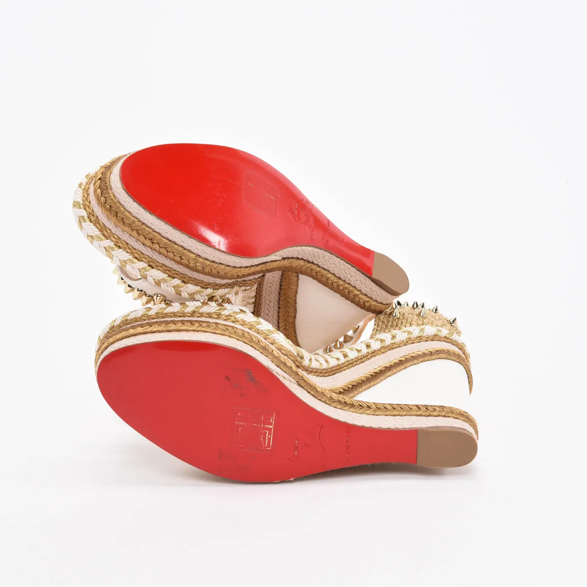 Christian Louboutin White & Gold Studded Madmonica Wedges 37