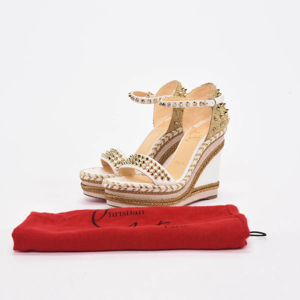 Christian Louboutin White & Gold Studded Madmonica Wedges 37