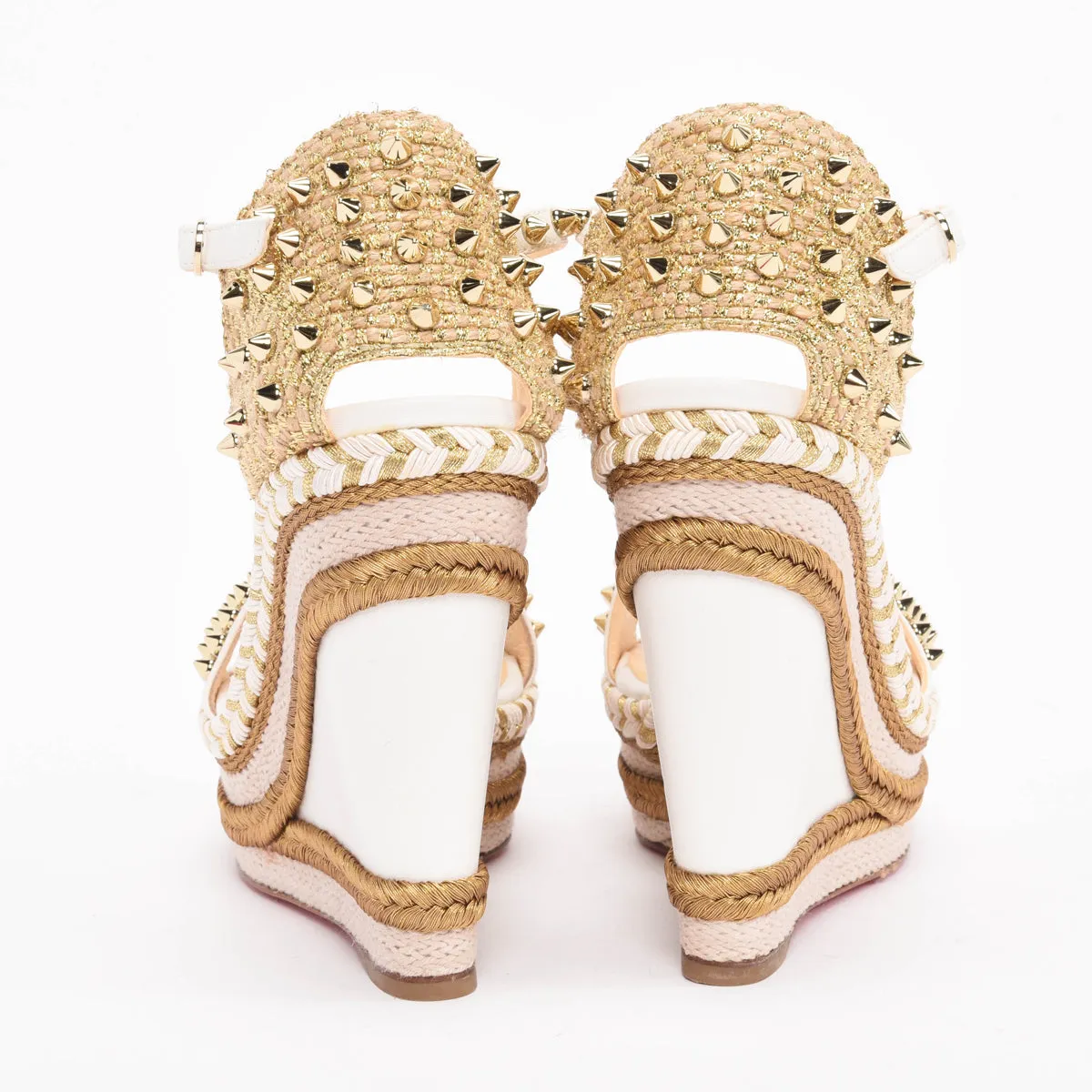 Christian Louboutin White & Gold Studded Madmonica Wedges 37