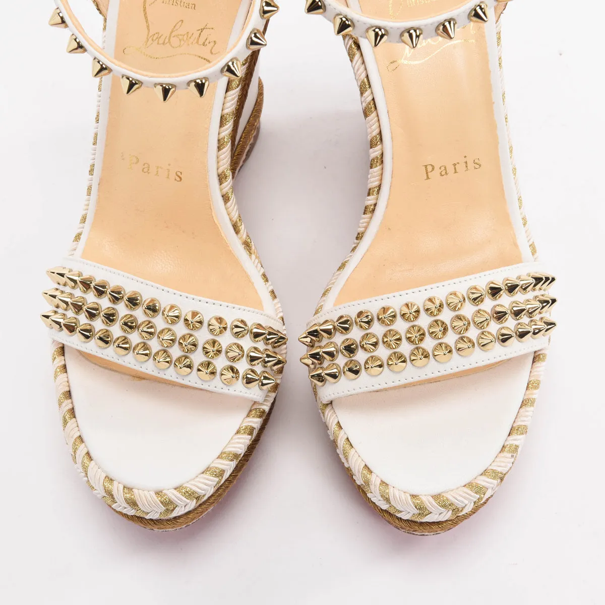 Christian Louboutin White & Gold Studded Madmonica Wedges 37