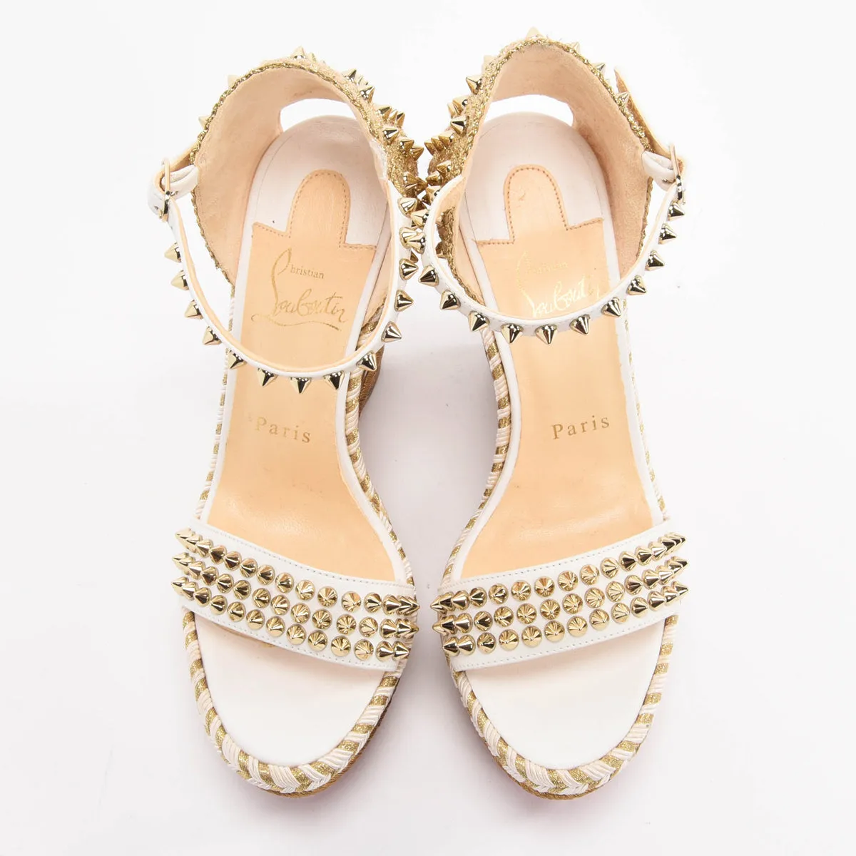 Christian Louboutin White & Gold Studded Madmonica Wedges 37