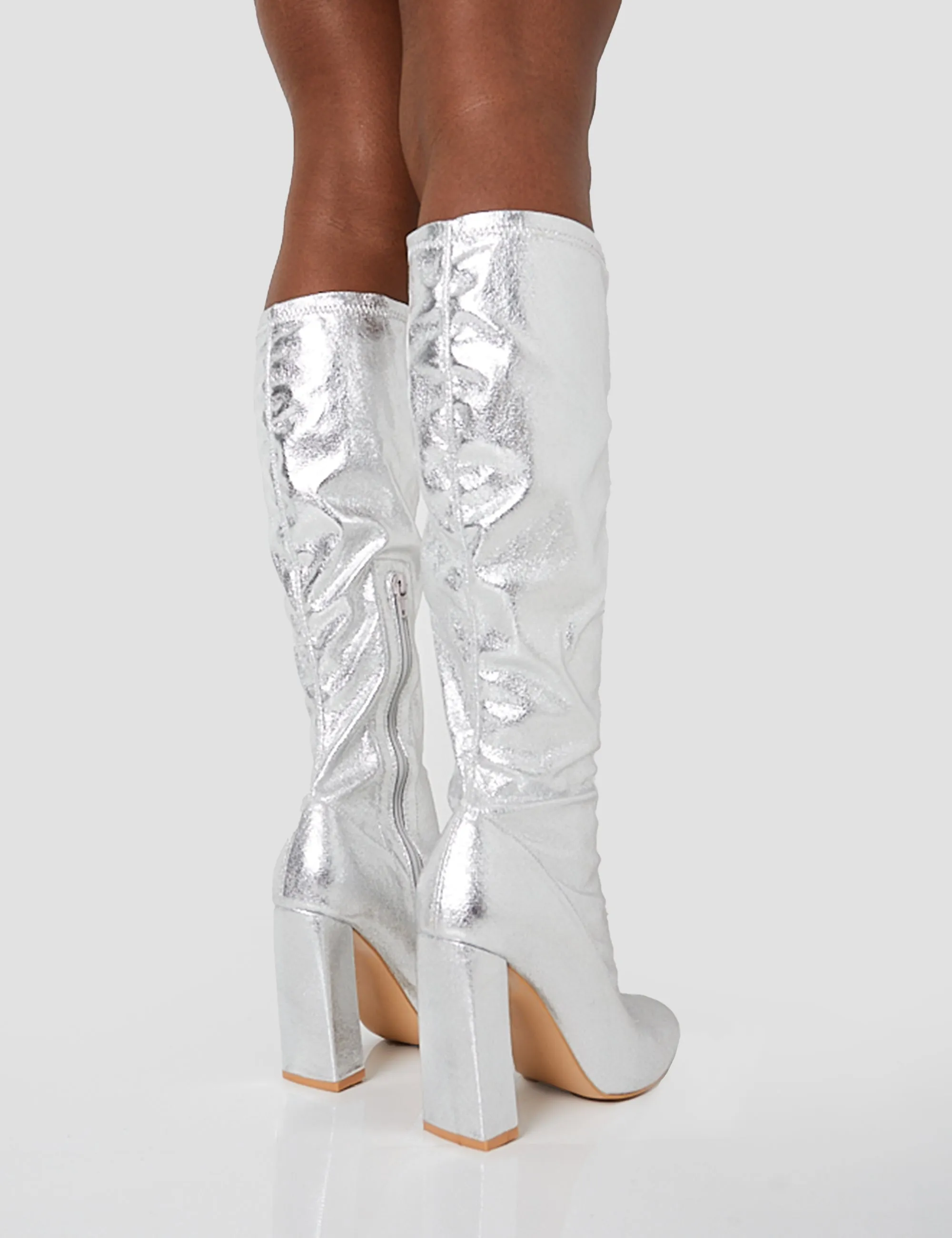 Christina Silver Grain Pointed Toe Block Heel Knee High Boots