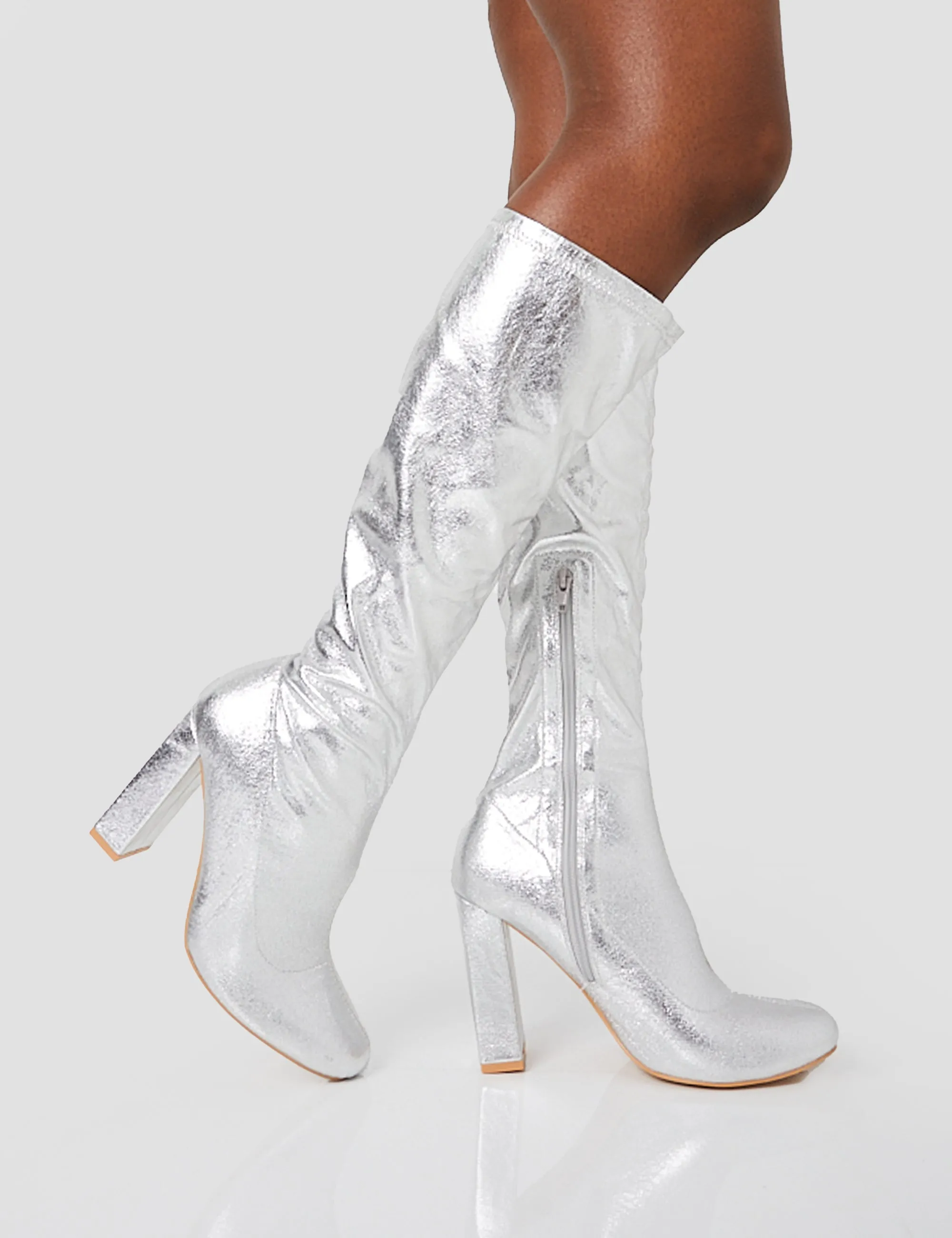 Christina Silver Grain Pointed Toe Block Heel Knee High Boots