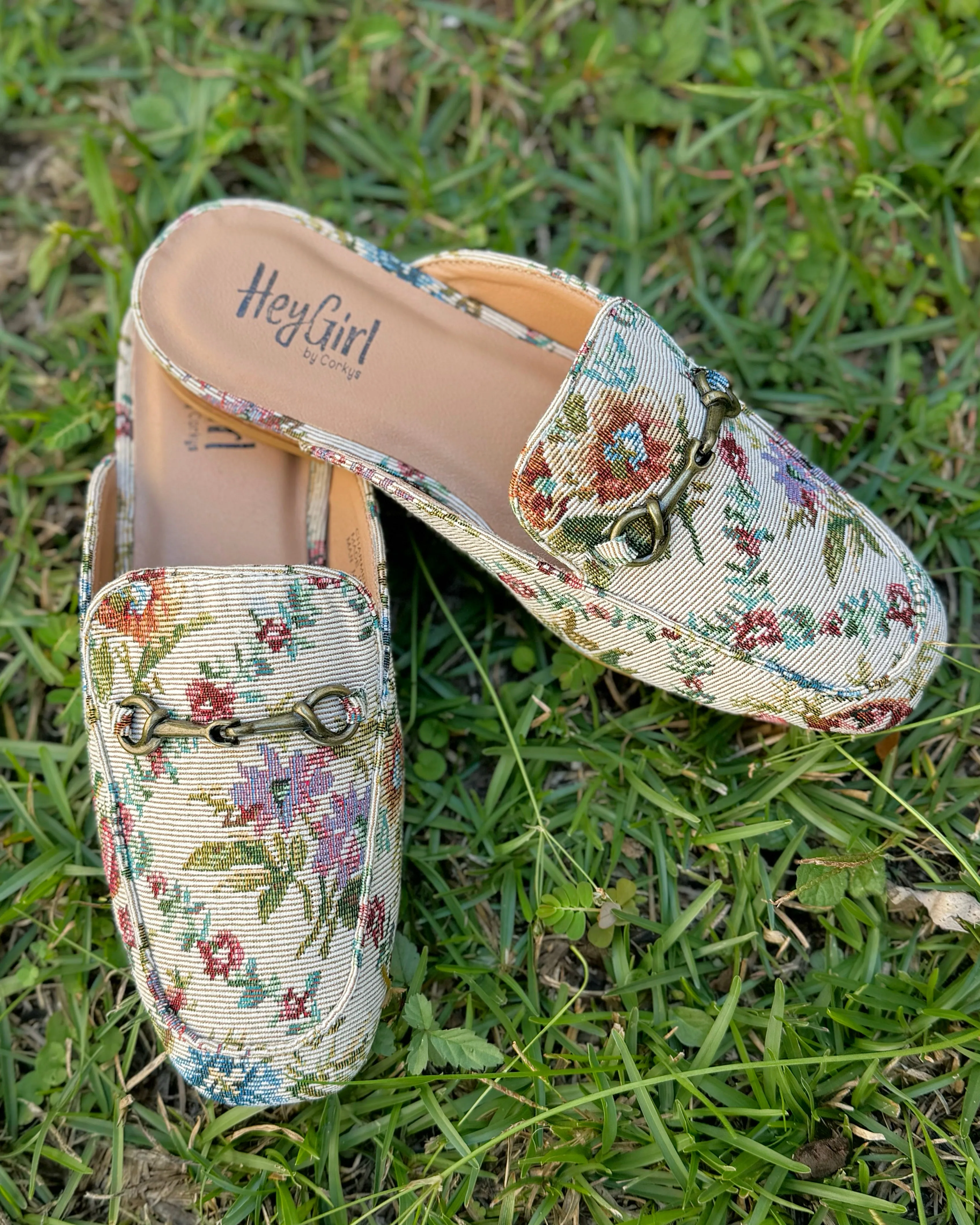 Corkys Sand Brocade Floral Mules