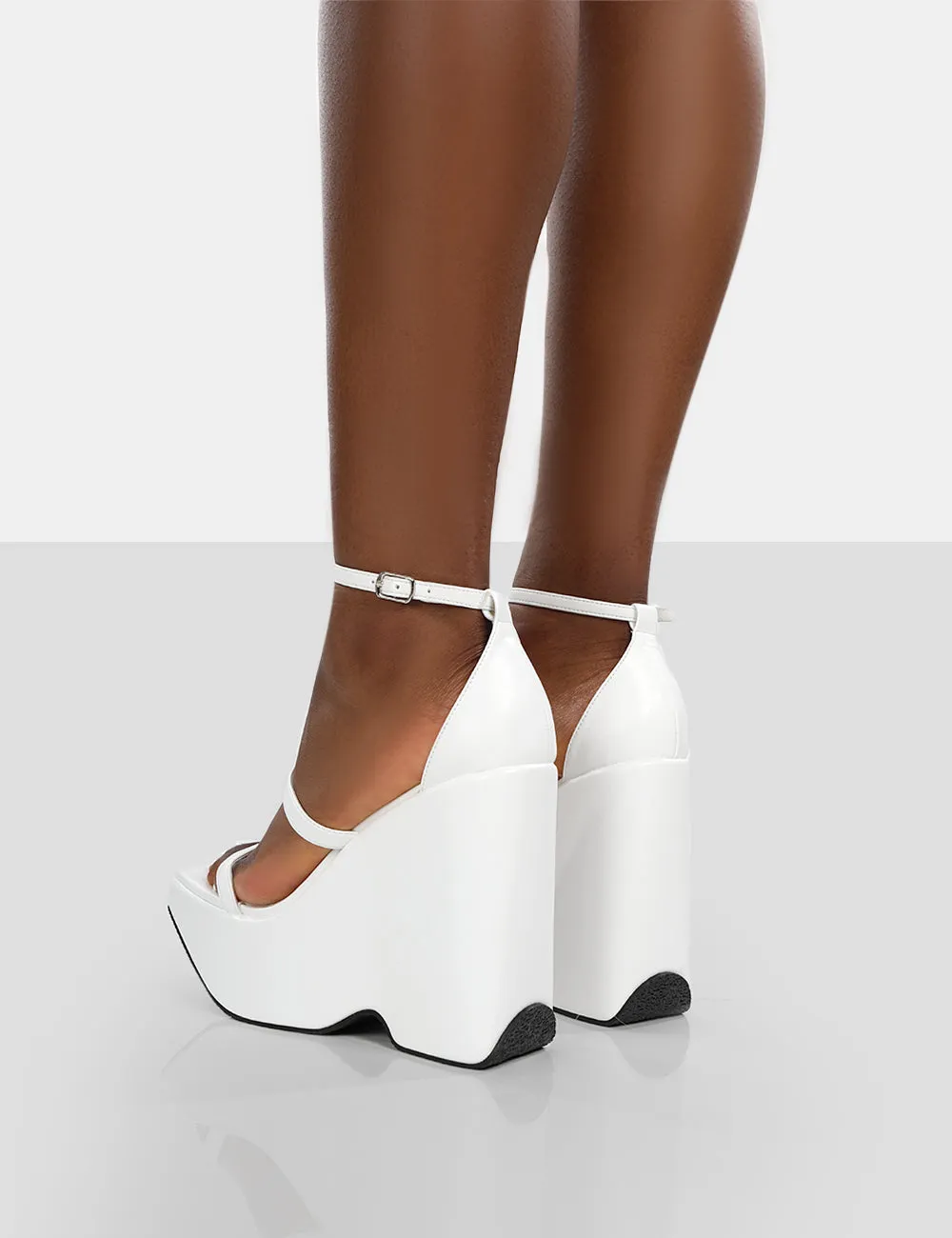 Duke White Strappy Square Toe Platform Wedge High Heels