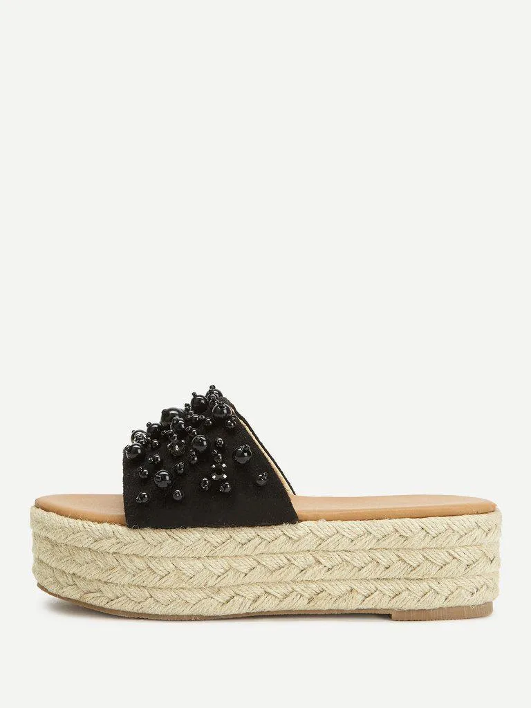 Faux Pearl Espadrille Platform Wedges