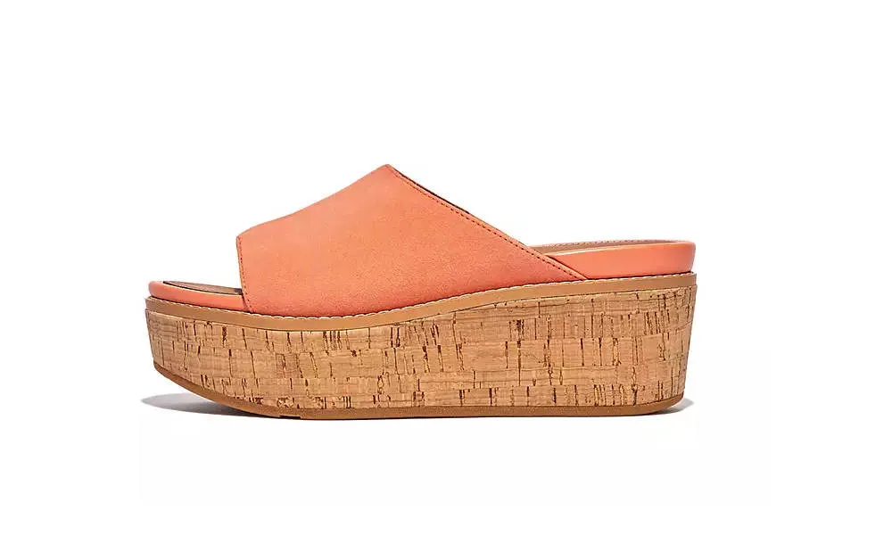 FitFlop Womens Eloise Cork-Wrap Suede Wedge Slide Sunshine Coral