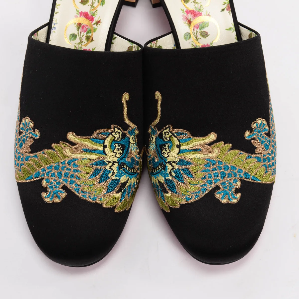 Gucci Black Satin Embroidered Dragon Mules 37