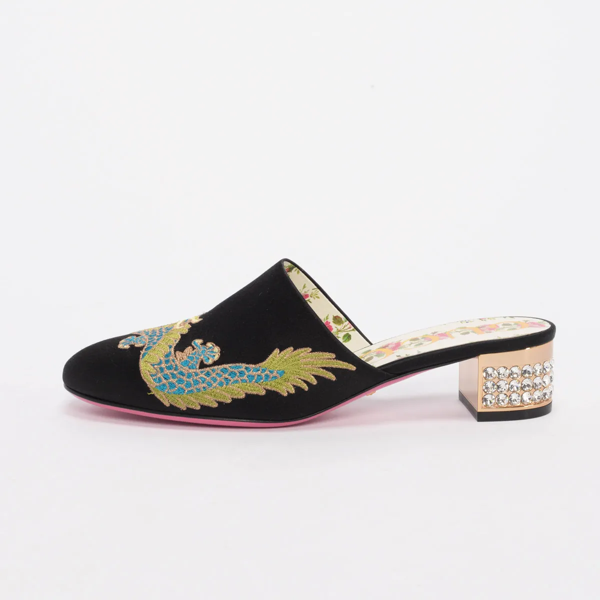 Gucci Black Satin Embroidered Dragon Mules 37