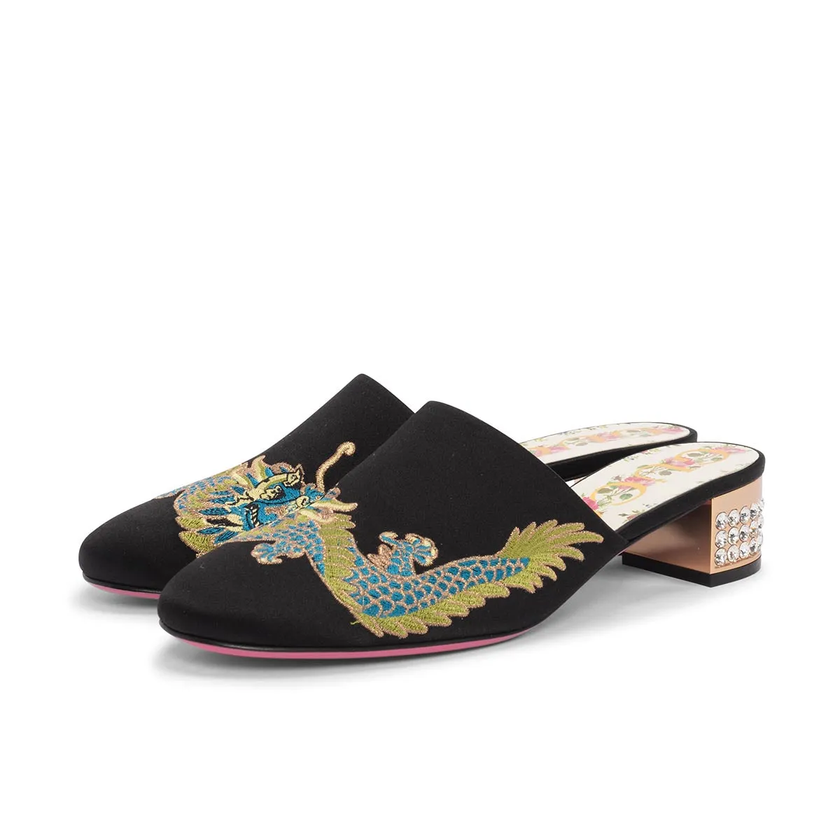 Gucci Black Satin Embroidered Dragon Mules 37