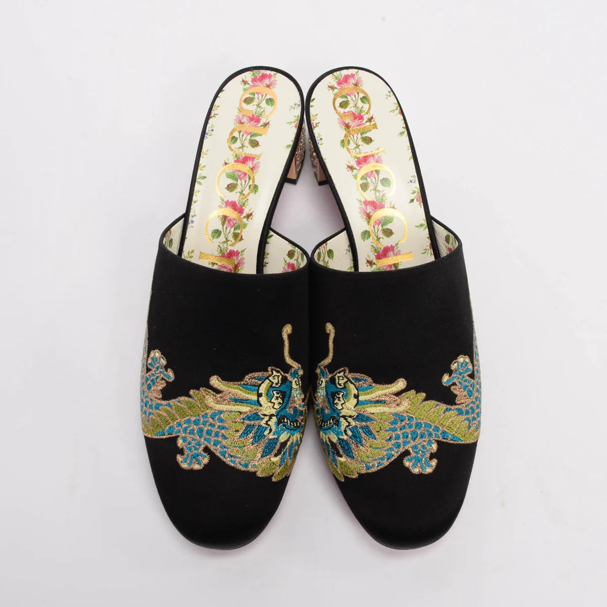 Gucci Black Satin Embroidered Dragon Mules 37