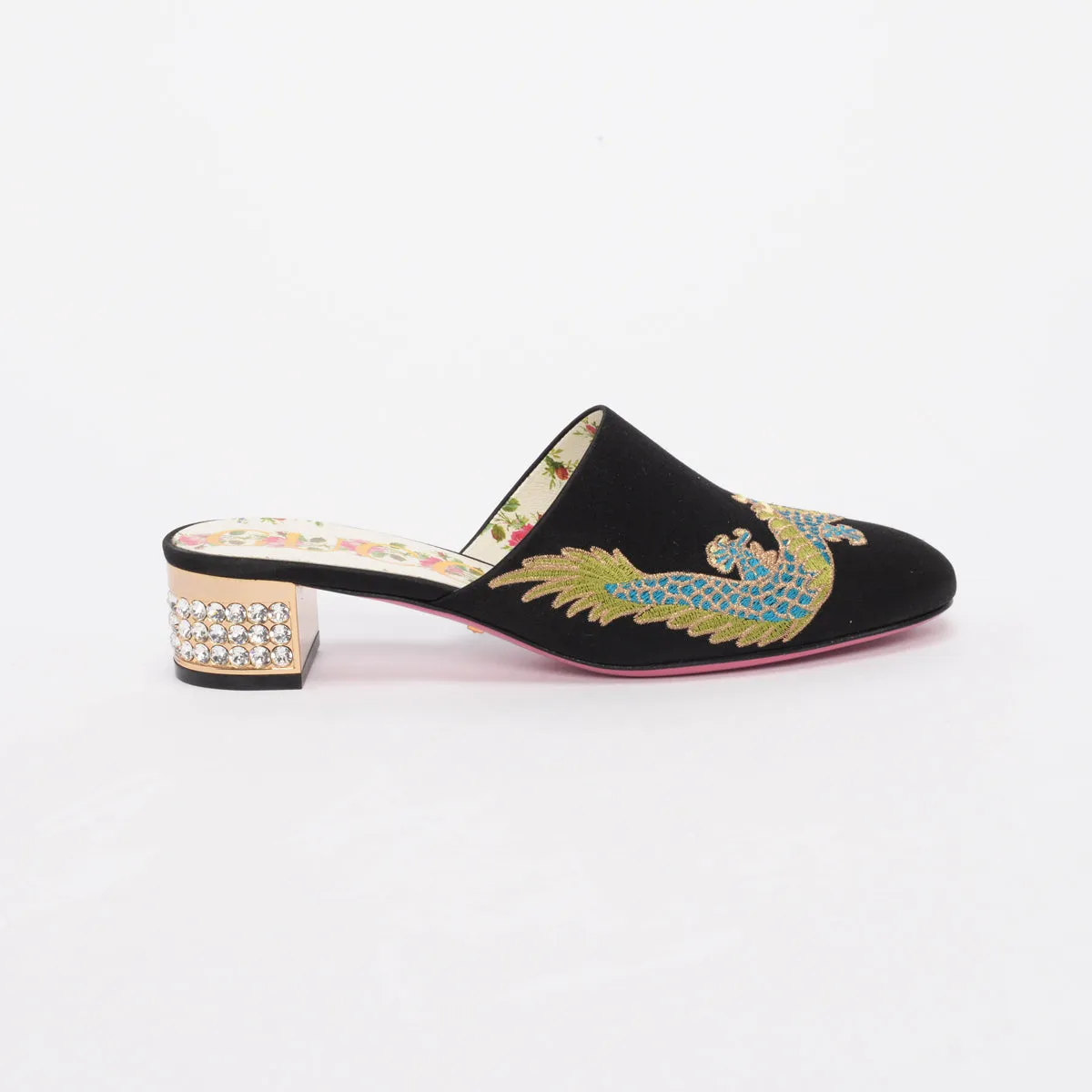 Gucci Black Satin Embroidered Dragon Mules 37