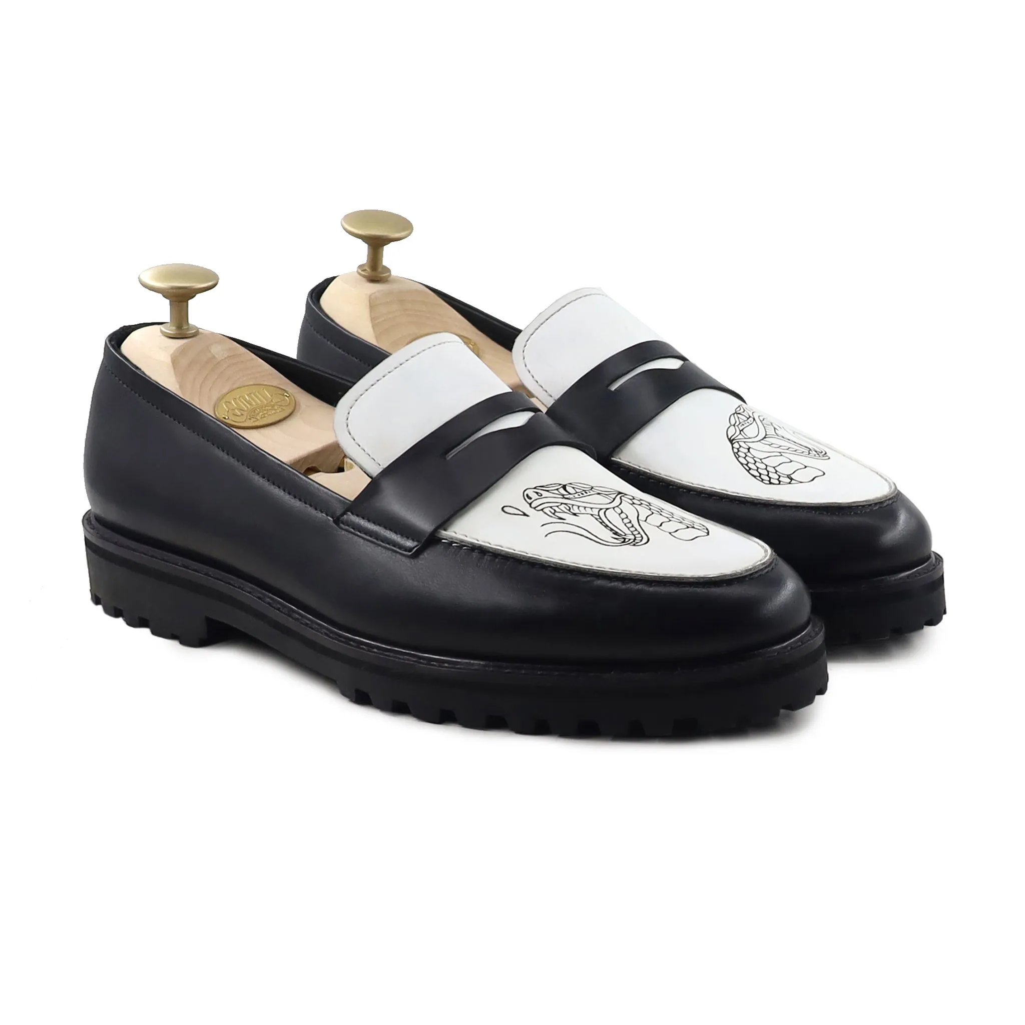 Hobart - Men's Black and White Calf Leather Loafer (Snake Edition)