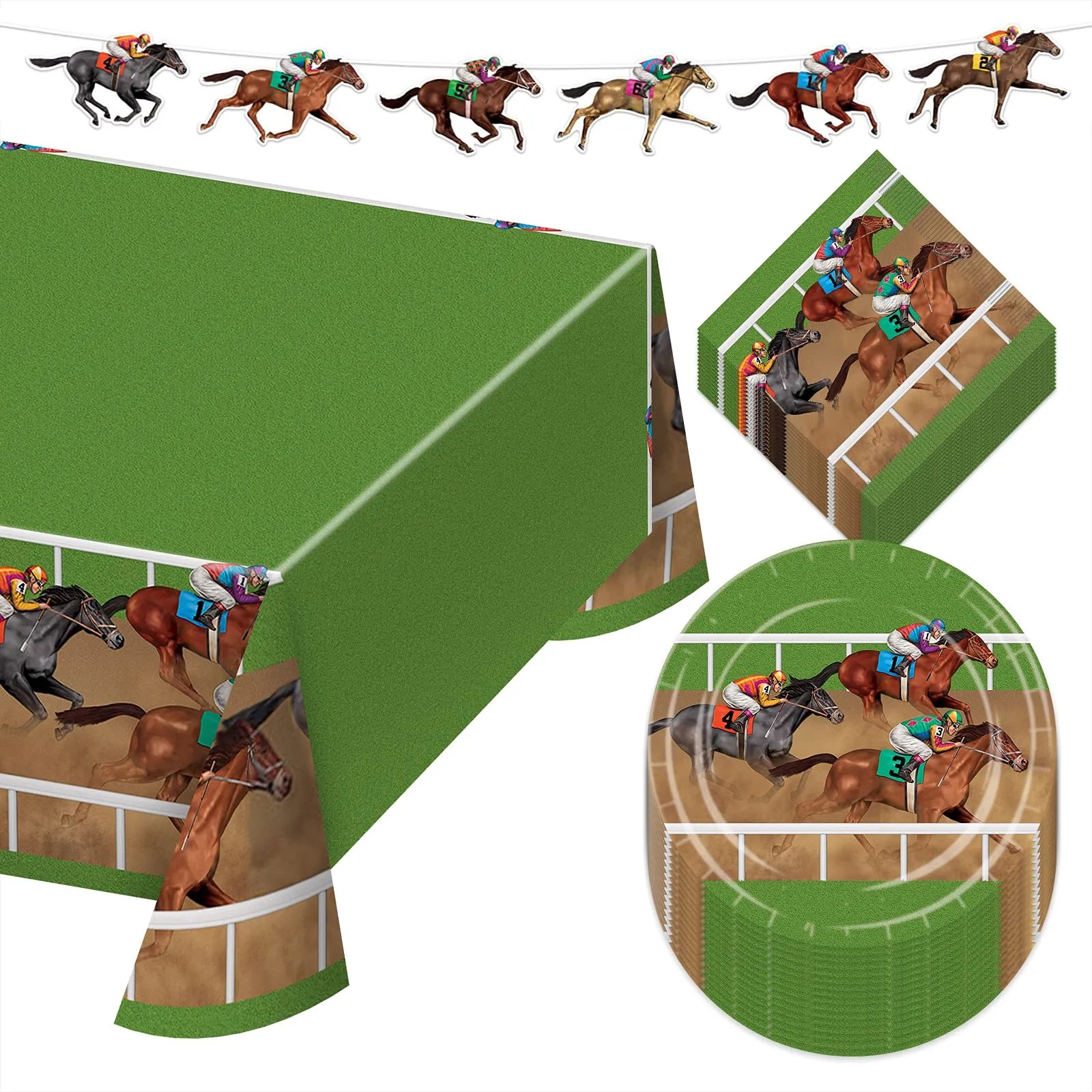 Horse Racing Green Derby Paper Dinner Plates. Napkins, Table Cover, and Streamer Decoration (Serves 16)