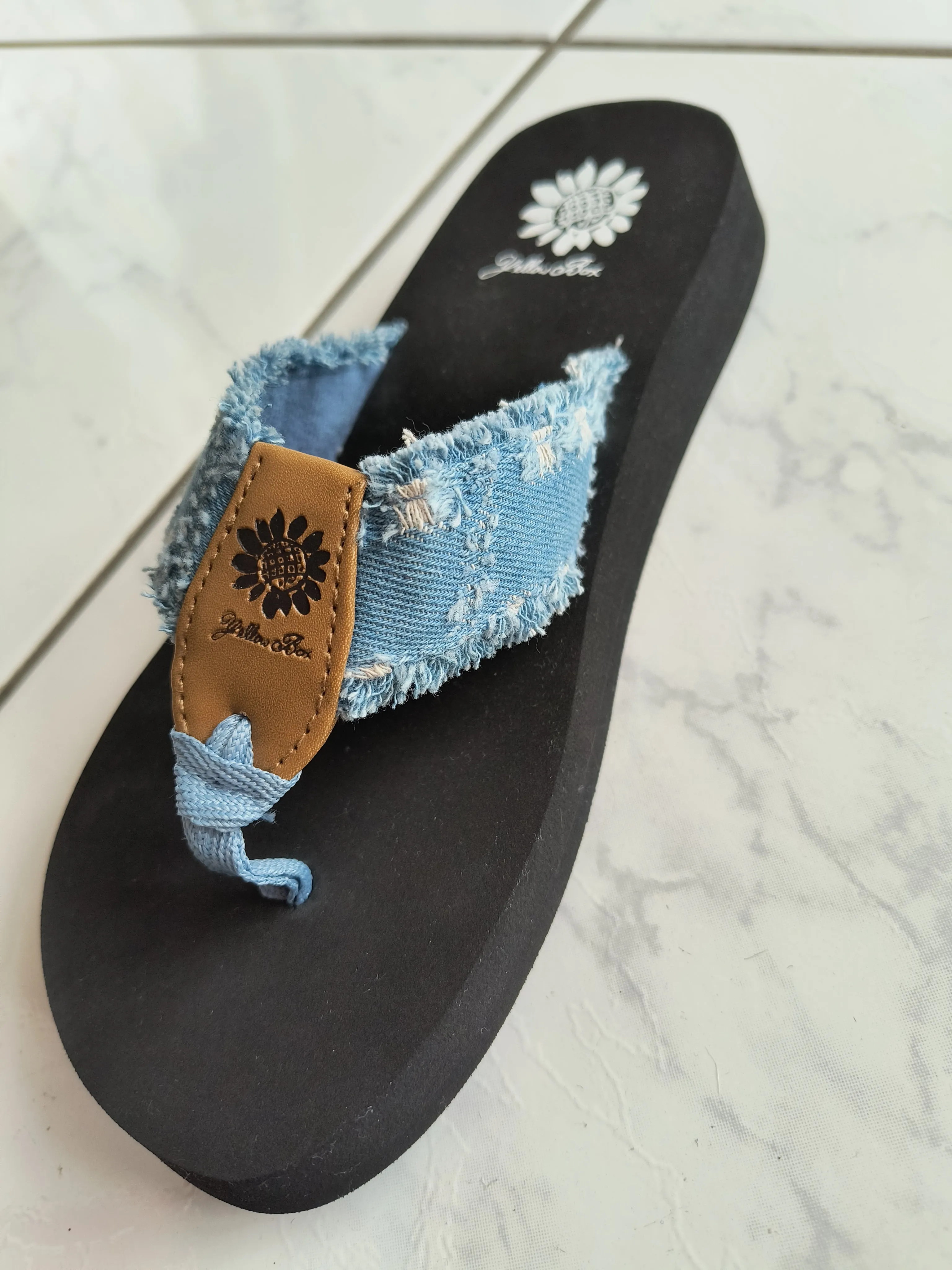 Light Denim Distressed Flip Flop Sandal | Yellow Box | Fluf