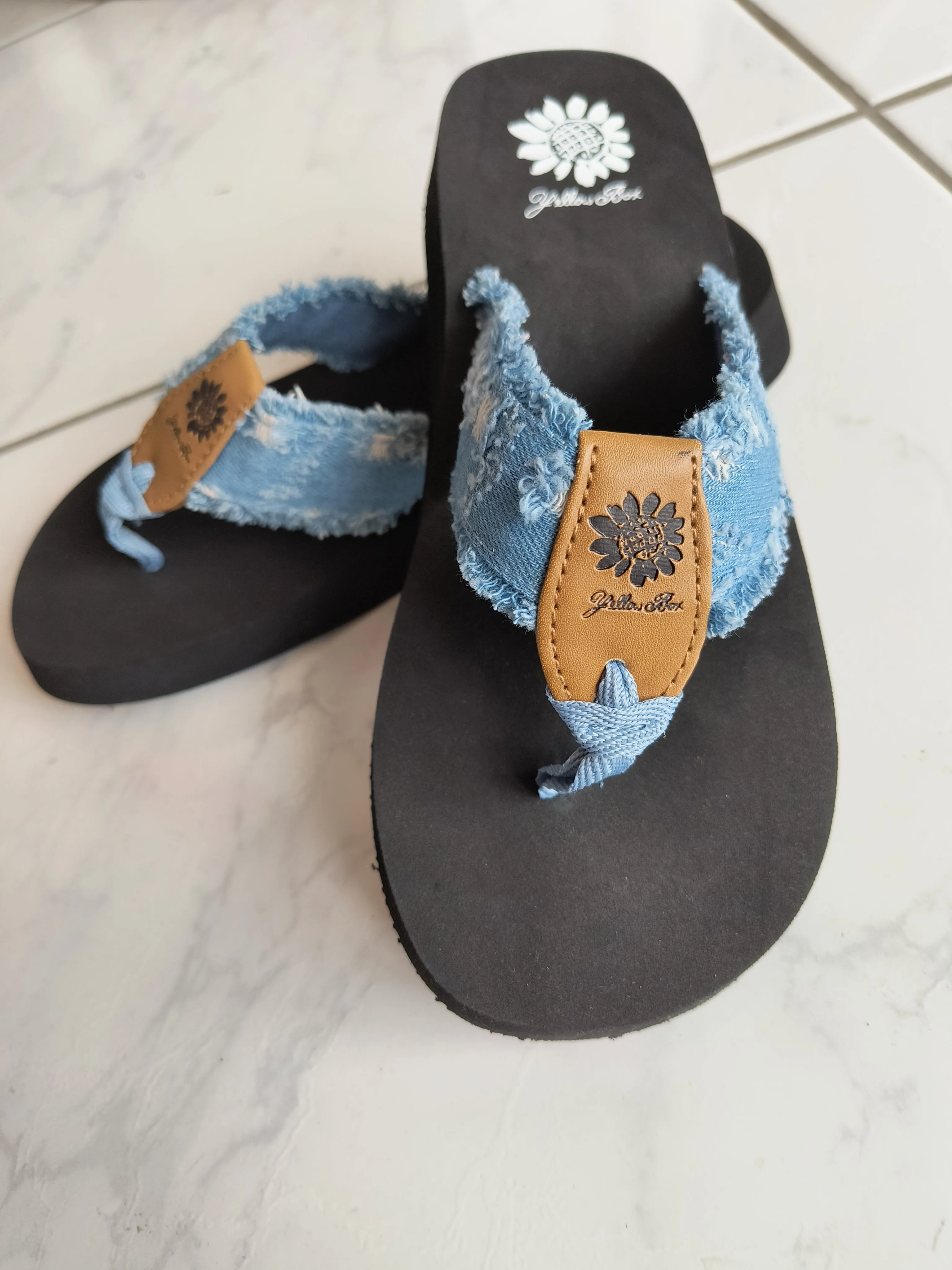 Light Denim Distressed Flip Flop Sandal | Yellow Box | Fluf