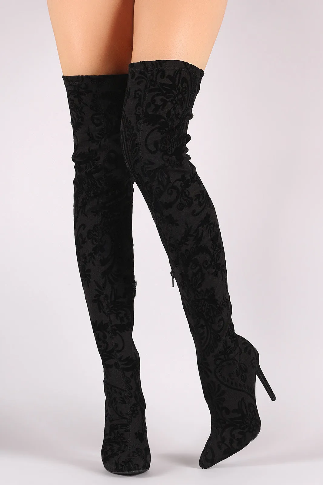 Liliana Fleur De Lis Burnout Velvet Stiletto Over-The-Knee Boots