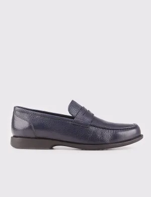 Men Navy Blue Genuine Leather Round Toe Penny Loafers