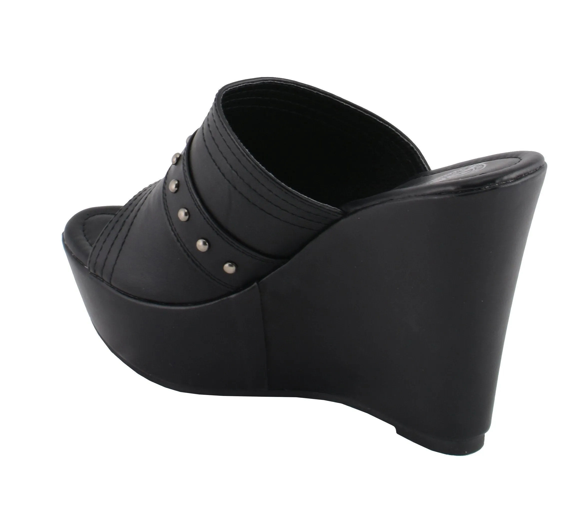 Milwaukee Leather MBL9408 Women's Black Open Toe Platform Wedges with Rivet Details