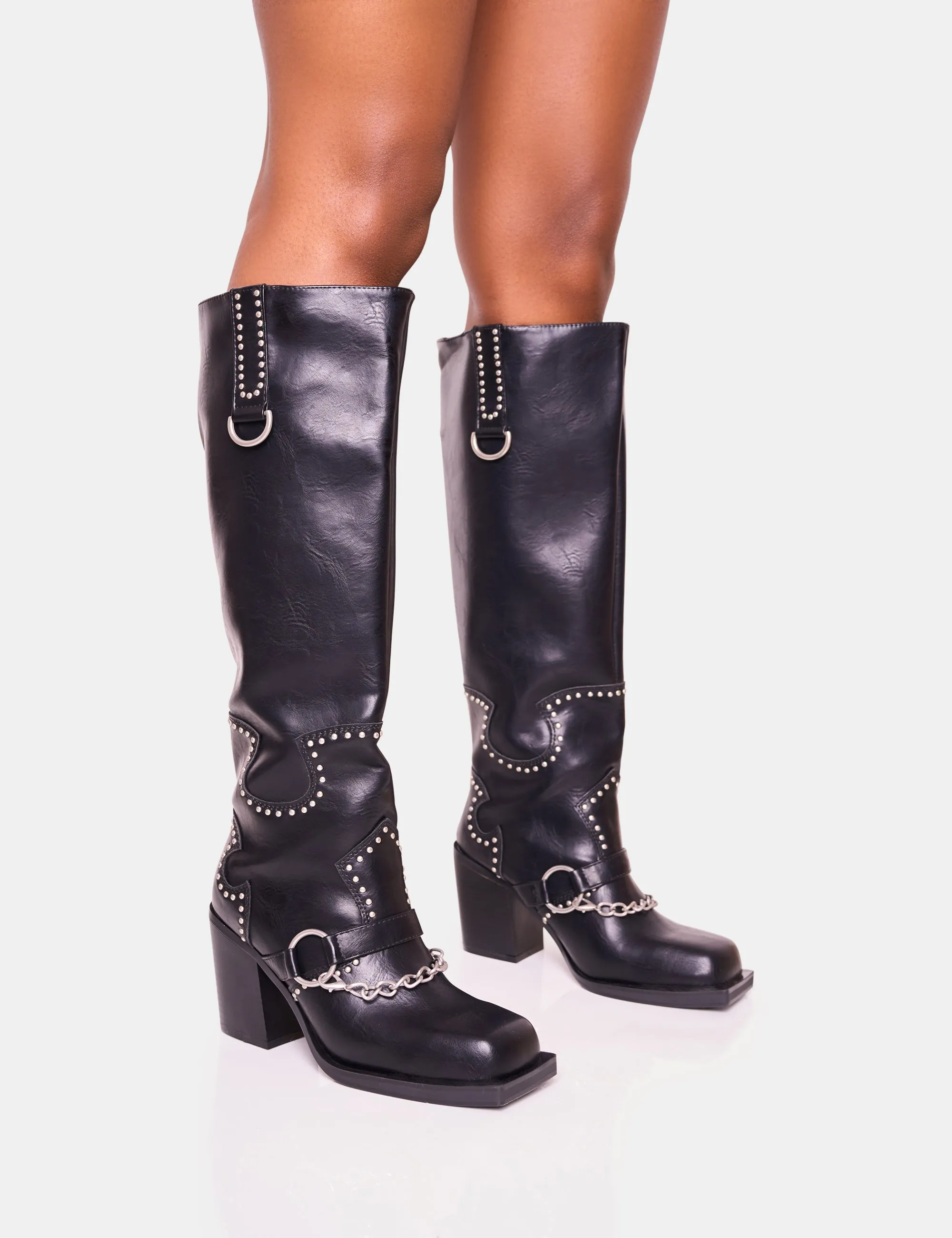 Nashville Wide Fit Black Western Studded Block Heel Knee High Boot