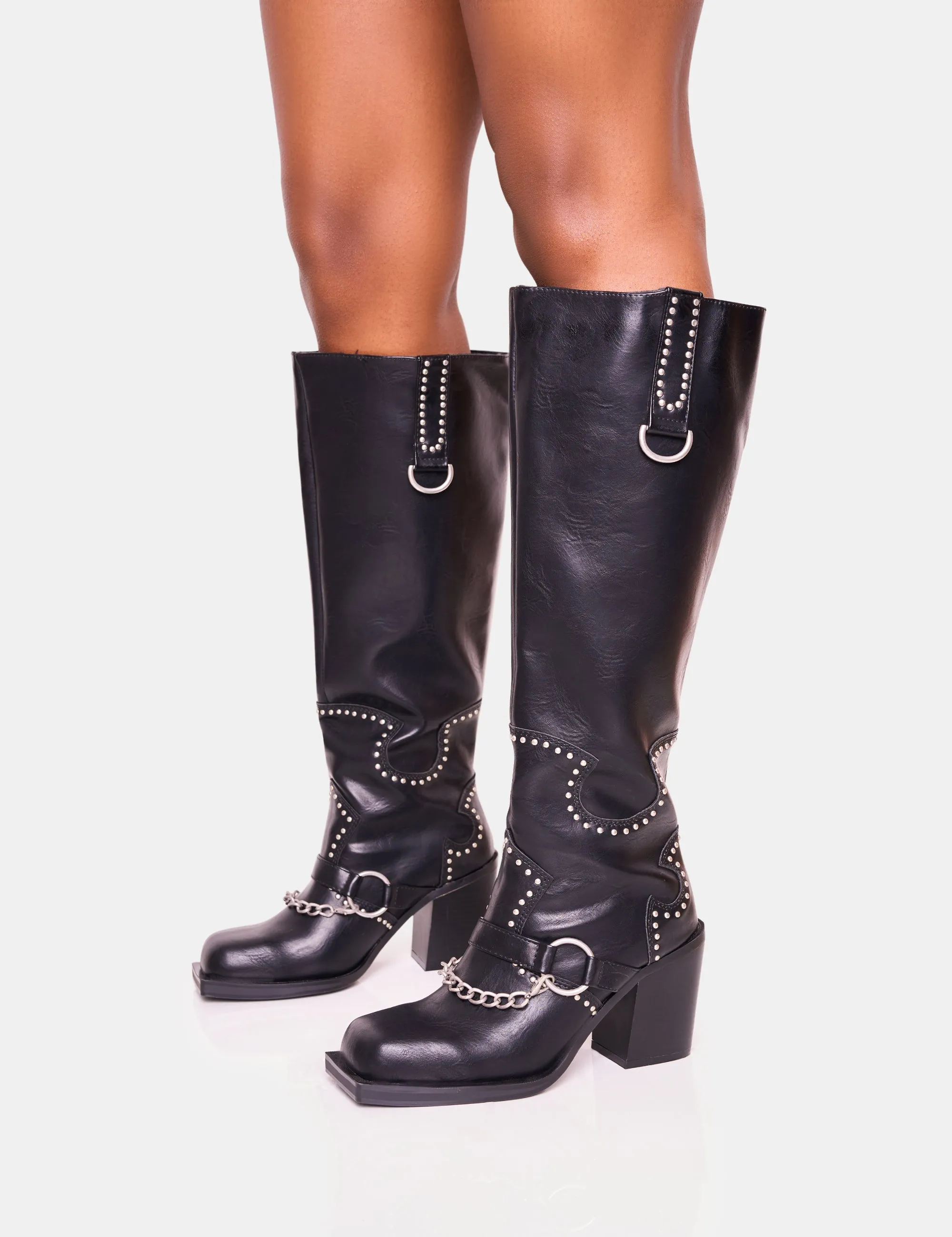 Nashville Wide Fit Black Western Studded Block Heel Knee High Boot