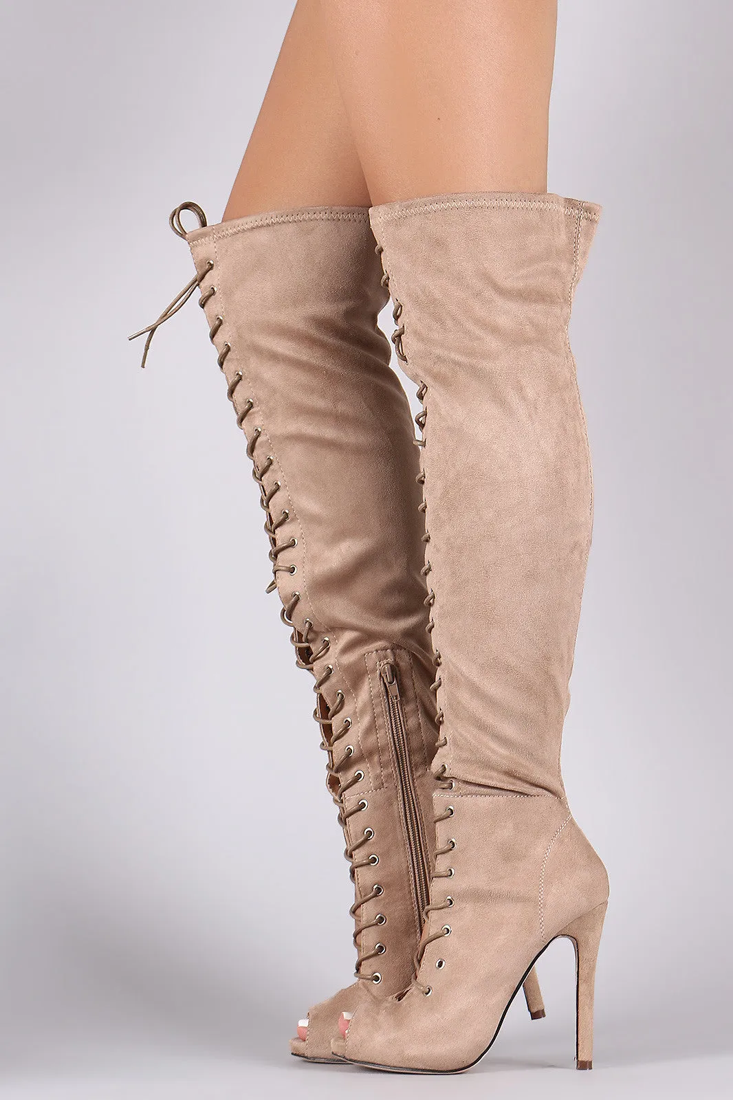 Natalia - Suede Corset Lace Up Stiletto Over-The-Knee Boots