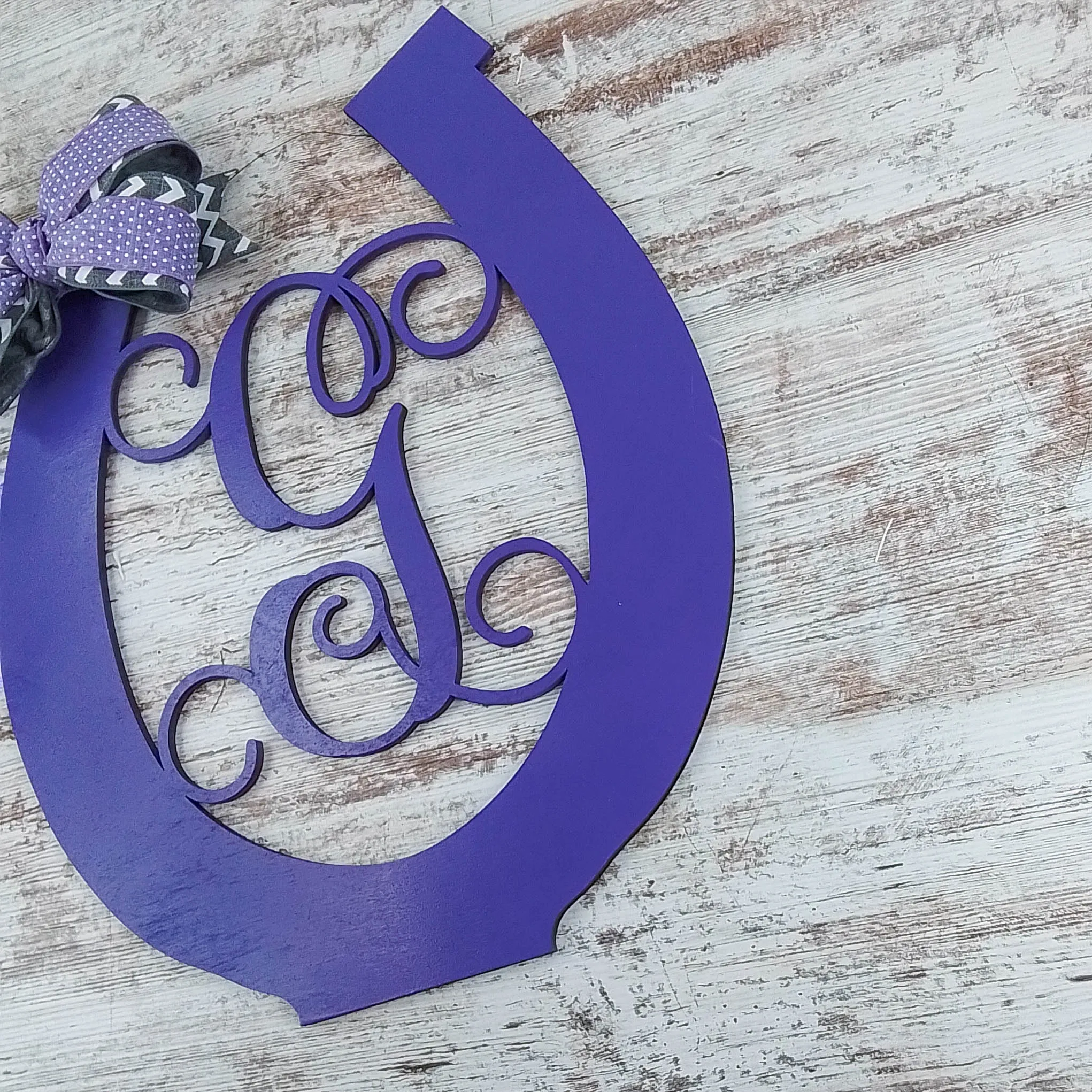 Personalized Door Hanger, Birch Wood Horseshoe Decor, Purple Letter Door Sign