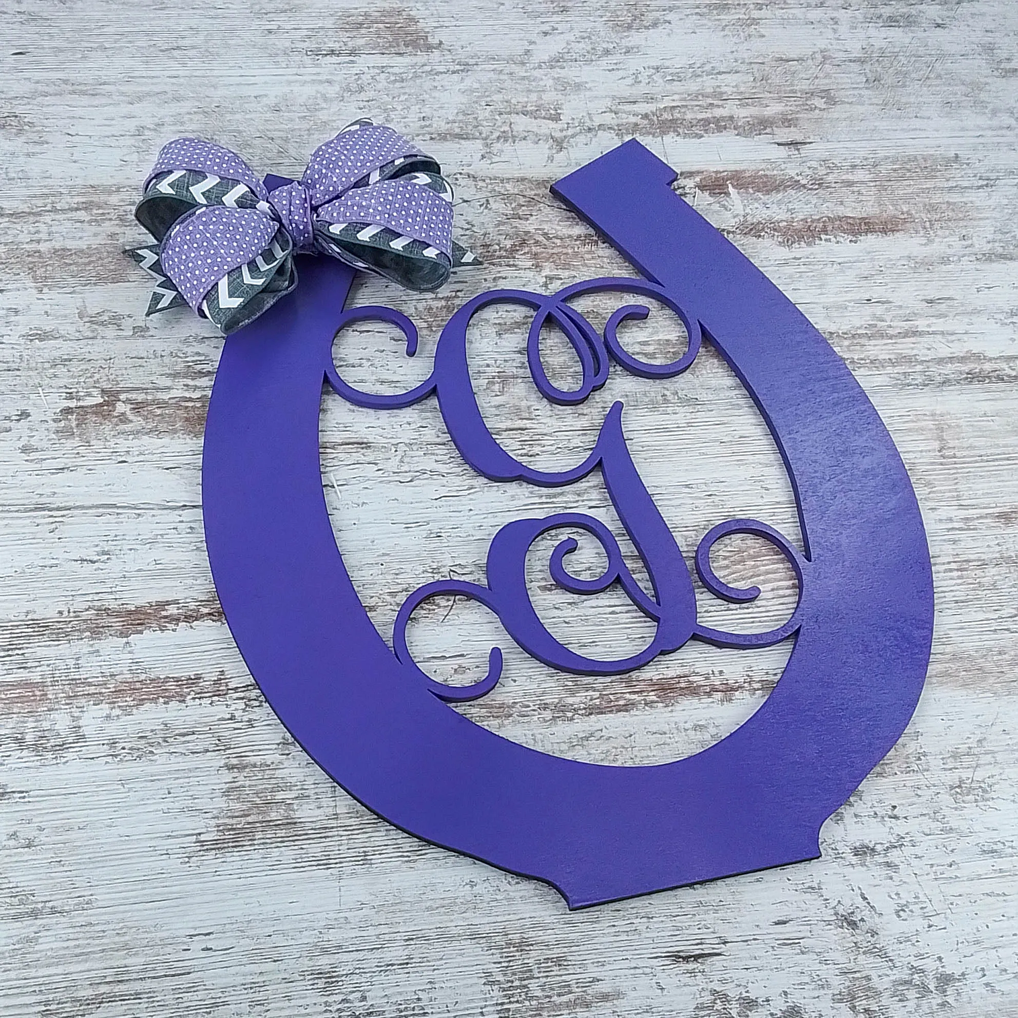 Personalized Door Hanger, Birch Wood Horseshoe Decor, Purple Letter Door Sign