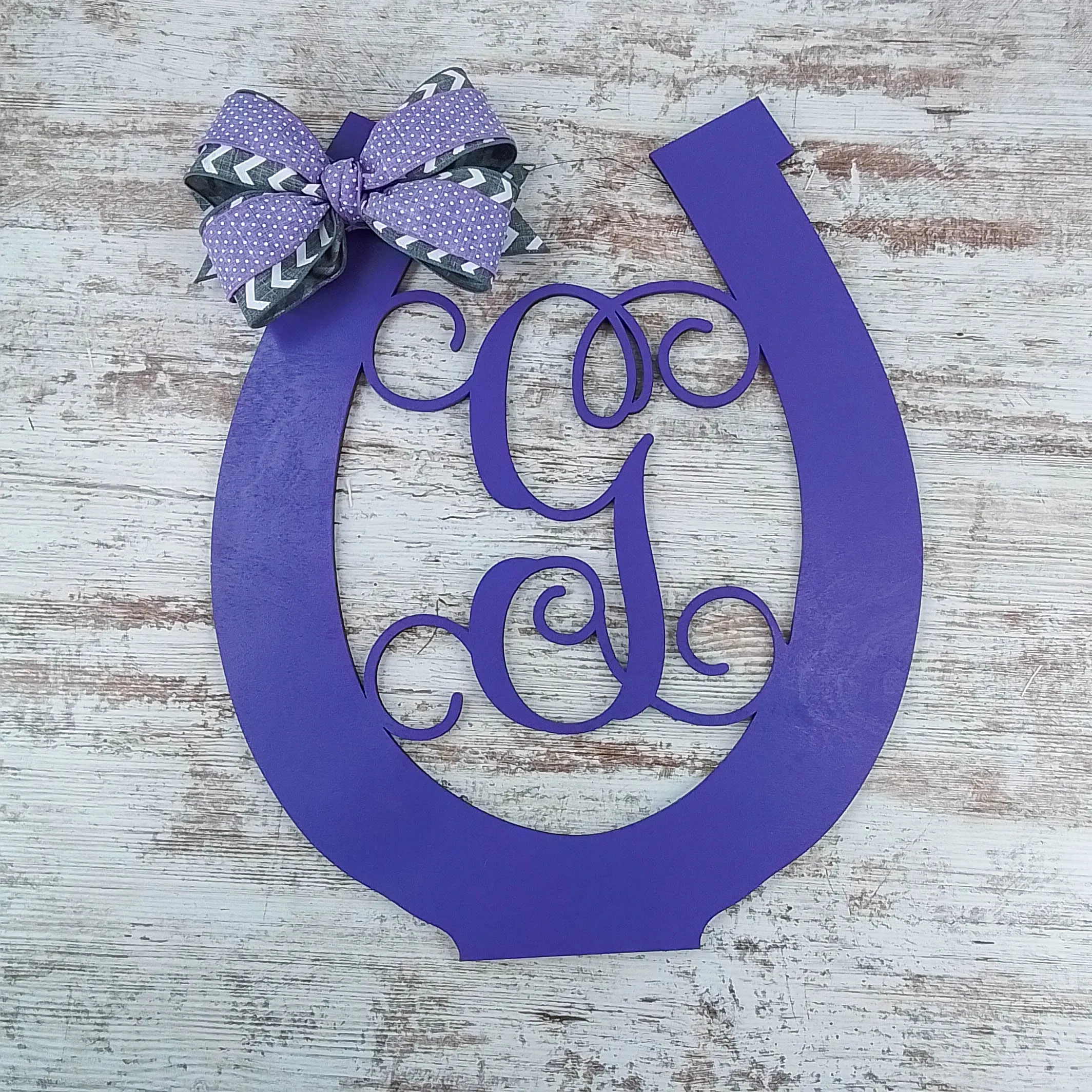 Personalized Door Hanger, Birch Wood Horseshoe Decor, Purple Letter Door Sign