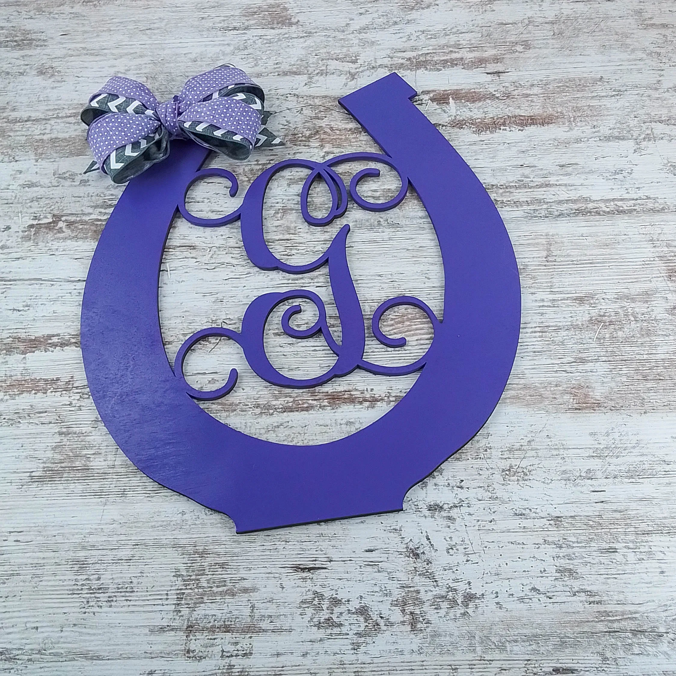 Personalized Door Hanger, Birch Wood Horseshoe Decor, Purple Letter Door Sign