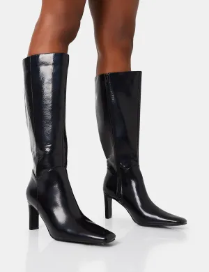 Pose Wide Fit Black Textured Zip Up Knee High Slim Block Heeled Boots