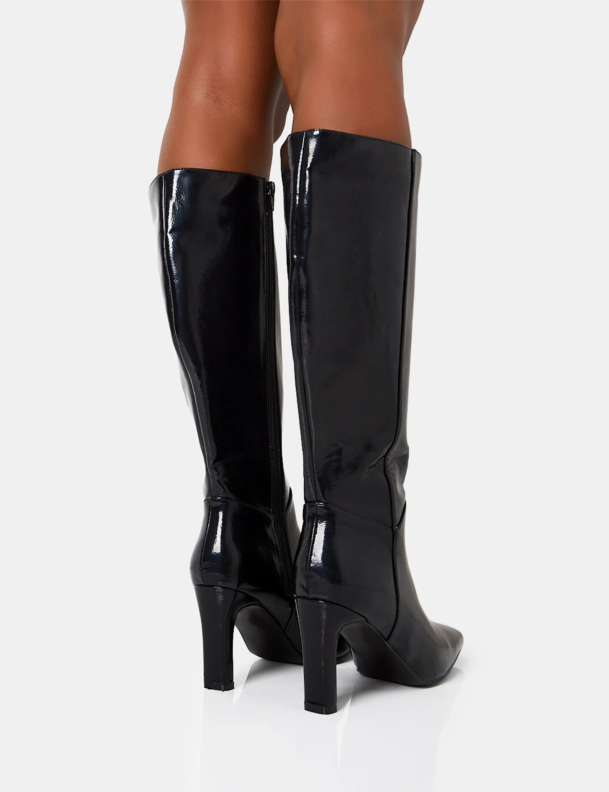 Pose Wide Fit Black Textured Zip Up Knee High Slim Block Heeled Boots