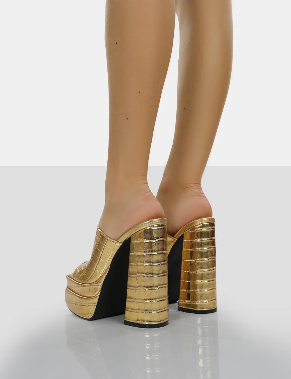 Sky High Gold Croc Chunky Platform High Heeled Mules