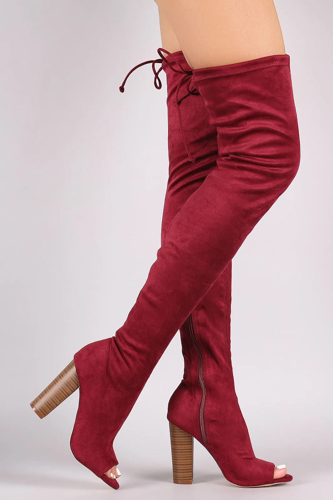 Suede Drawstring-Tie Chunky Heeled Over-The-Knee Boots