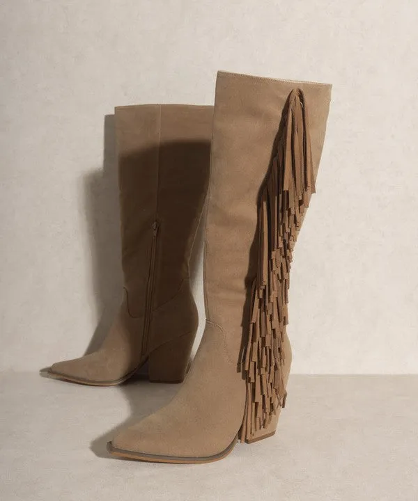 TEEK - Out West - Khaki Knee-High Fringe Boots