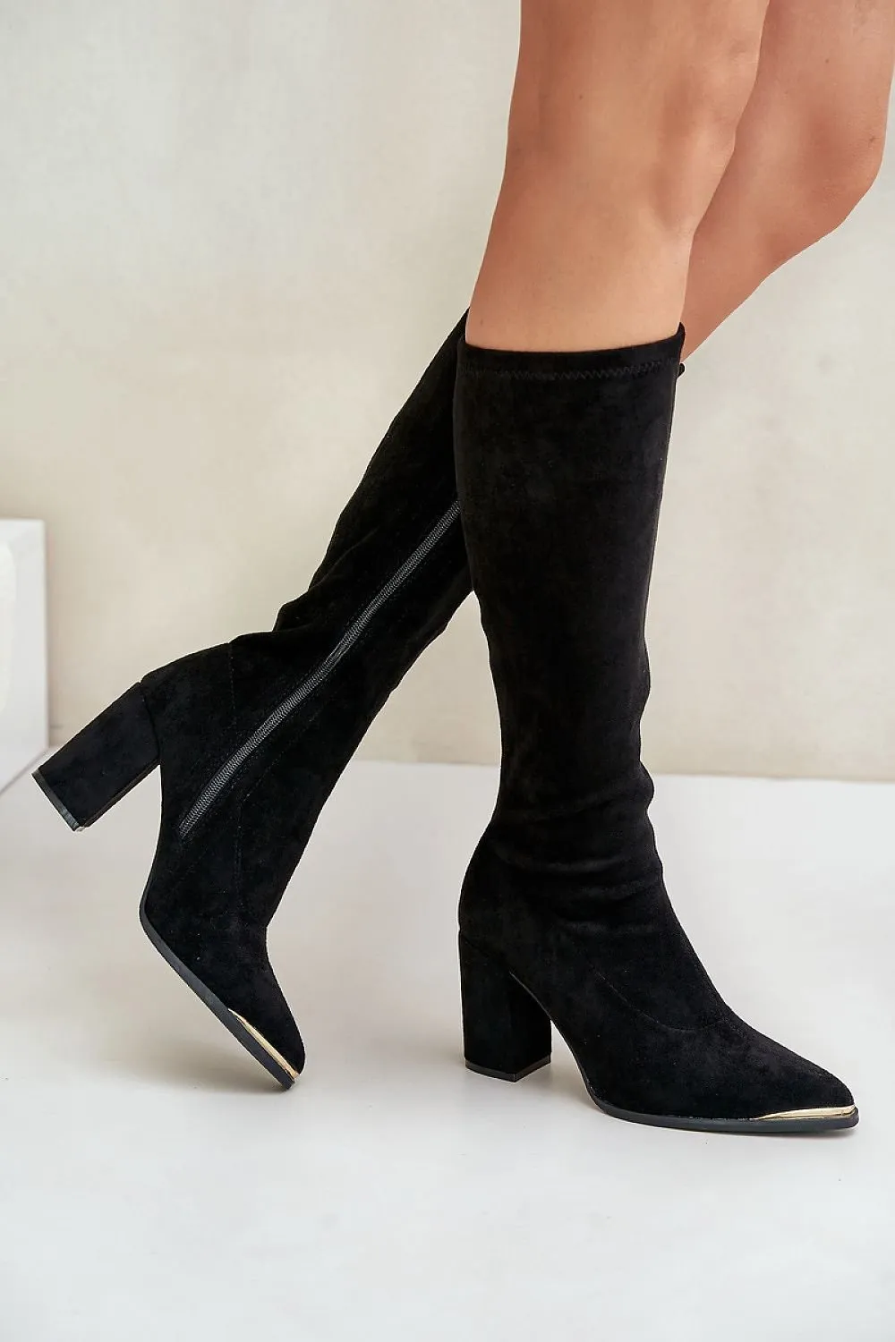 TEEK - Suede Knee High Toe Accent Heel Boots